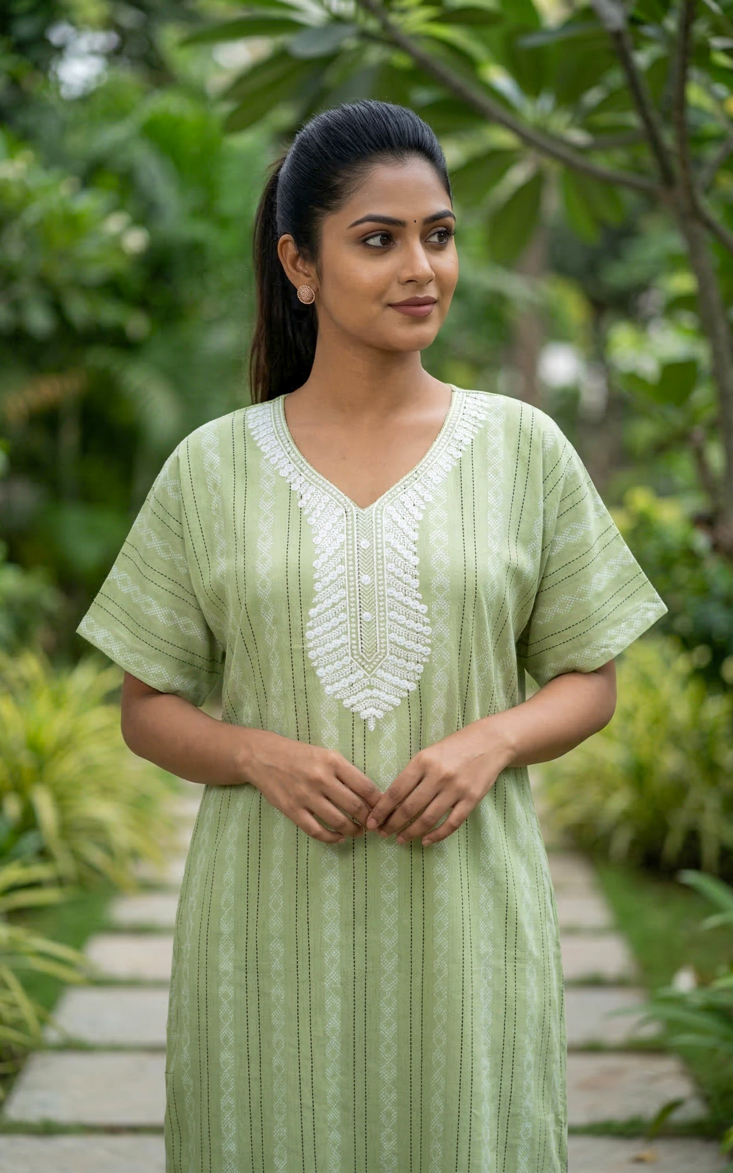 Instore – Pastel Green Vertical Stripe Print Cotton Long Nighty, Round Neck, Relaxed Fit, Women's Sleepwear