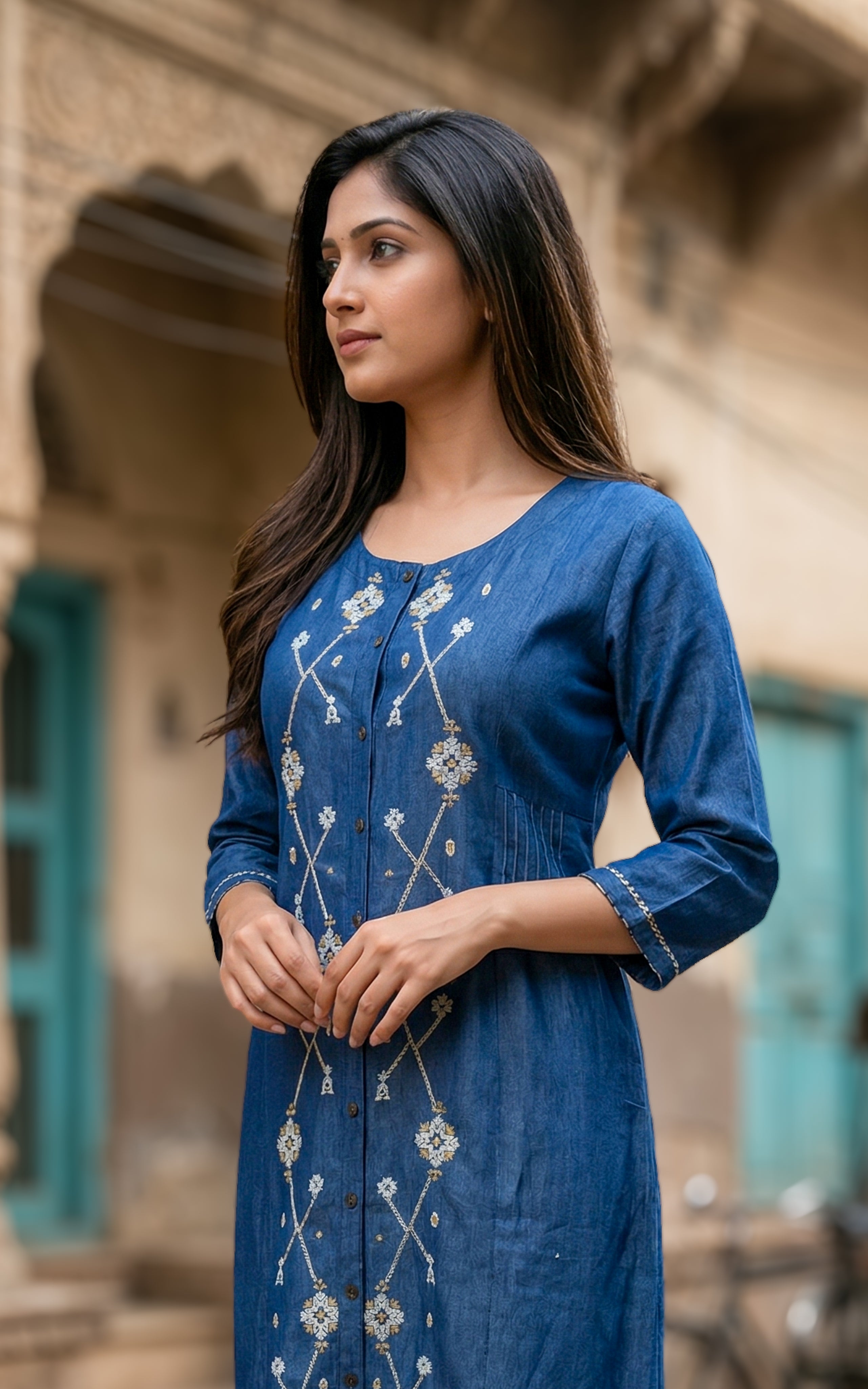 Blue Straight kurti with Elegant Vertical Thread Embroidery