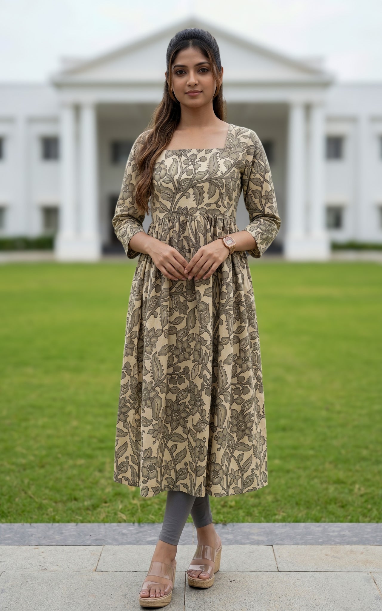 Beige and grey Indo western kurti for women