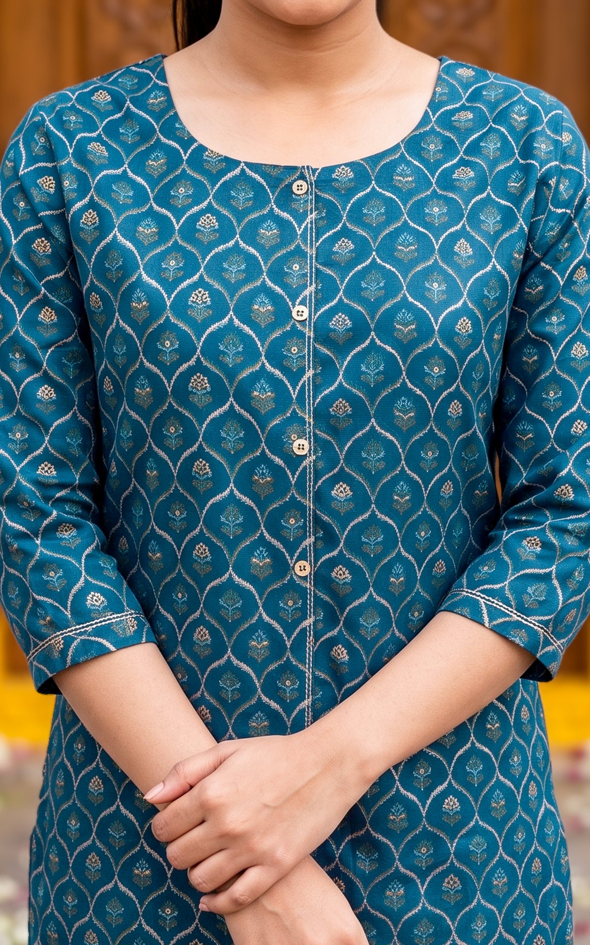 Peacock Blue Silk Cotton Elegant Straight Cut Kurti for Women