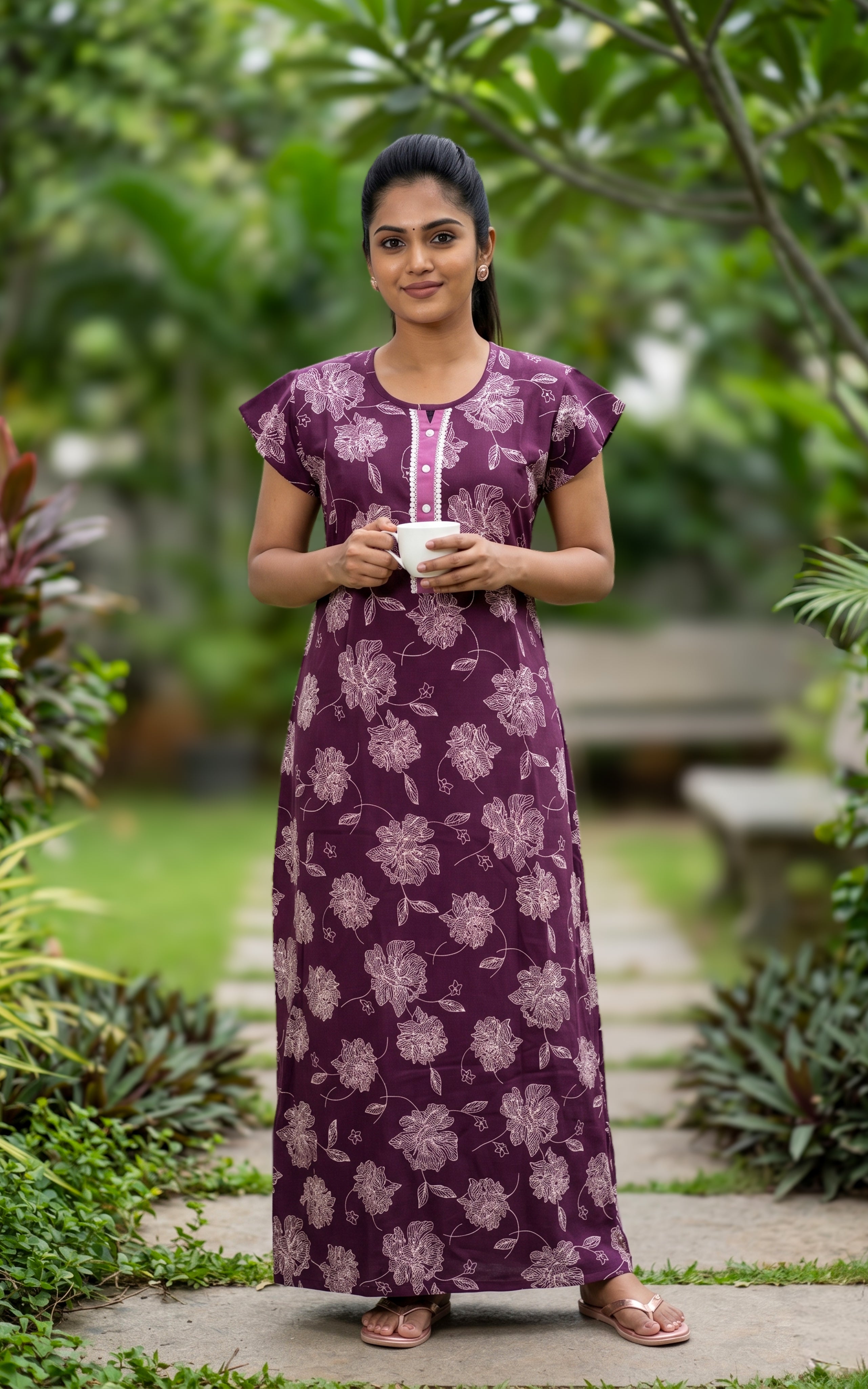Instore - Plum Floral Print Cotton Long Nighty with Button Placket, Side Pocket, Relaxed Fit, Women's Sleepwear