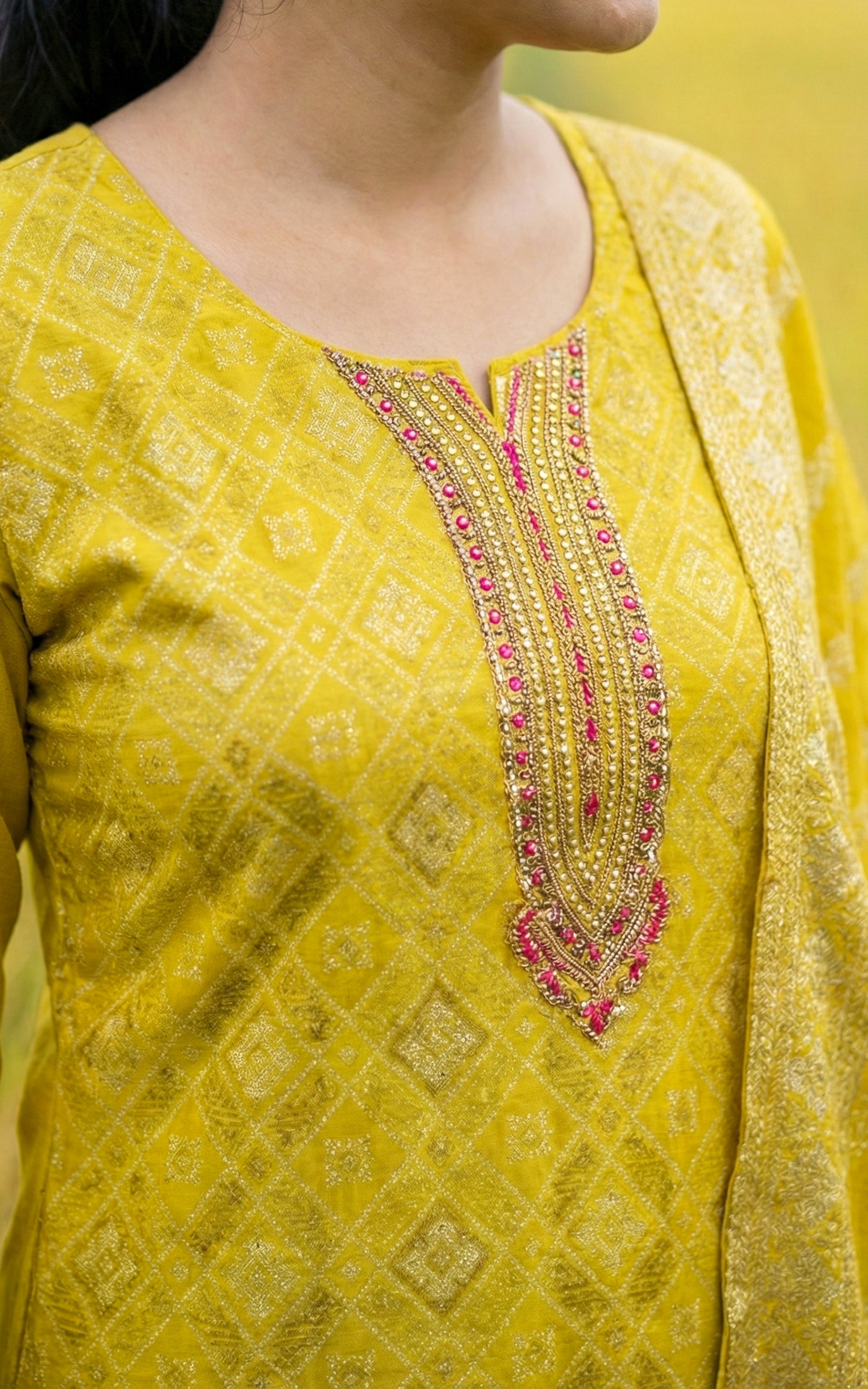 Instore - Lime Yellow Art Silk Straight Cut Kurti with Side Slit & Embroidery Neckline with Pant & Gold Woven Dupatta