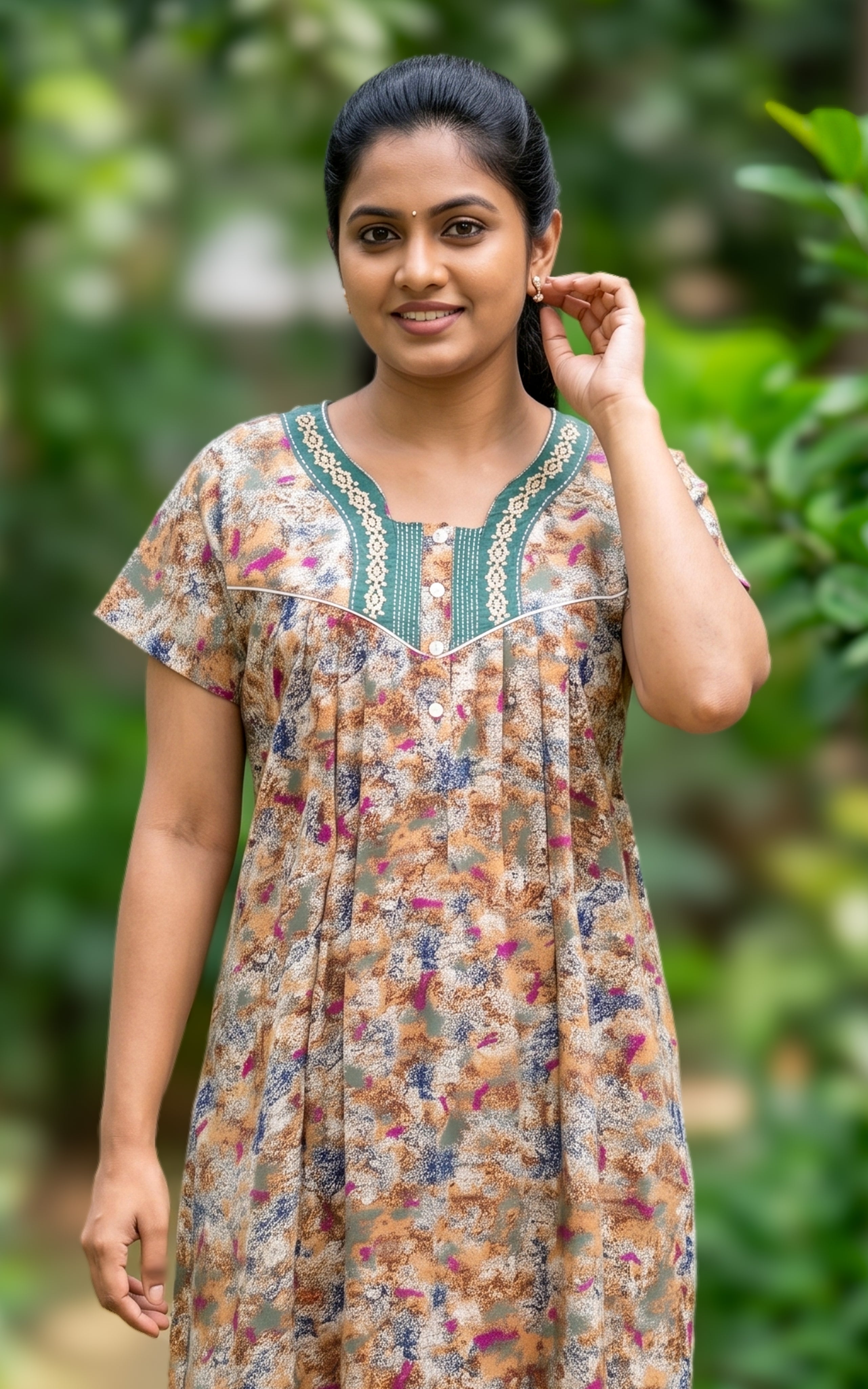 Instore - Multicolor Abstract Floral Print Cotton Long Nighty with Embroidery Yoke, Side Pocket, Relaxed Fit, Women's Sleepwear