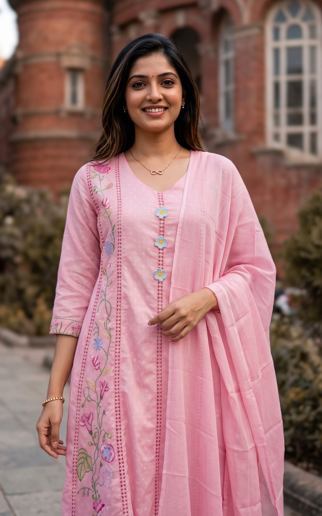 Pastel Pink Cotton Office Wear Anarkali Kurti Dupatta for Women