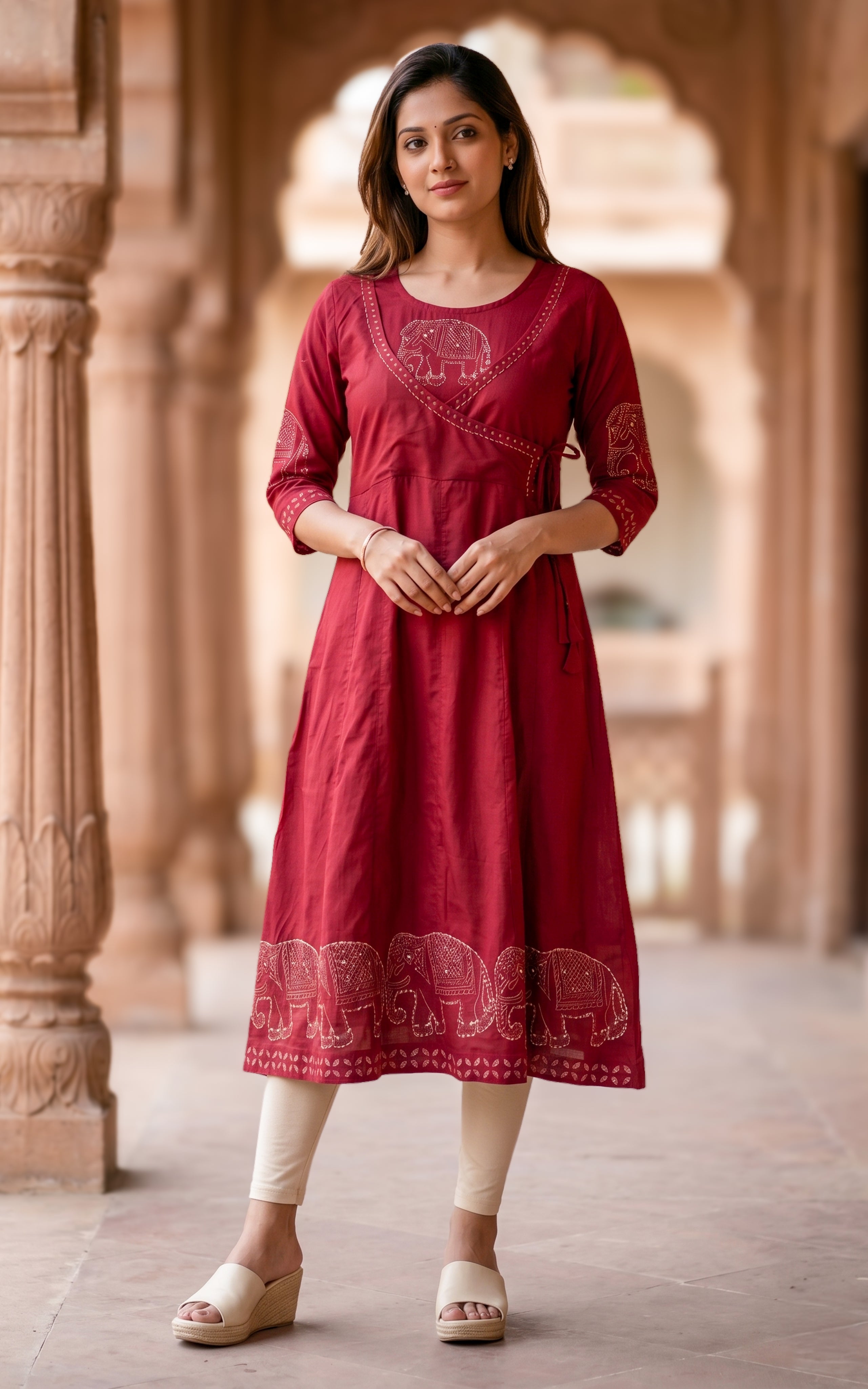 Maroon cotton Angrakha kurti for women