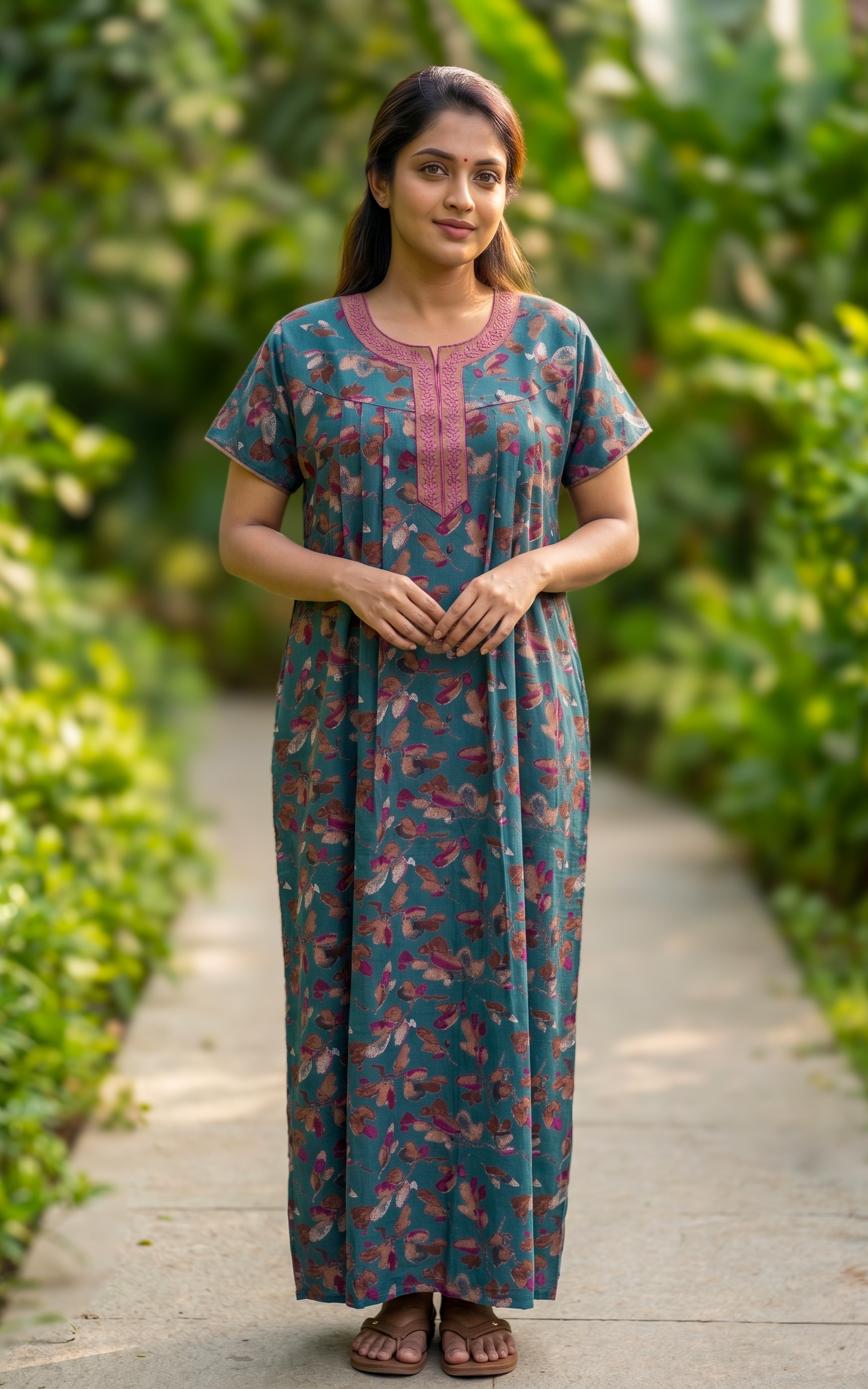 Instore - Teal Green Floral Print Cotton Long Nighty with Side Pocket, Relaxed Fit, Women's Sleepwear