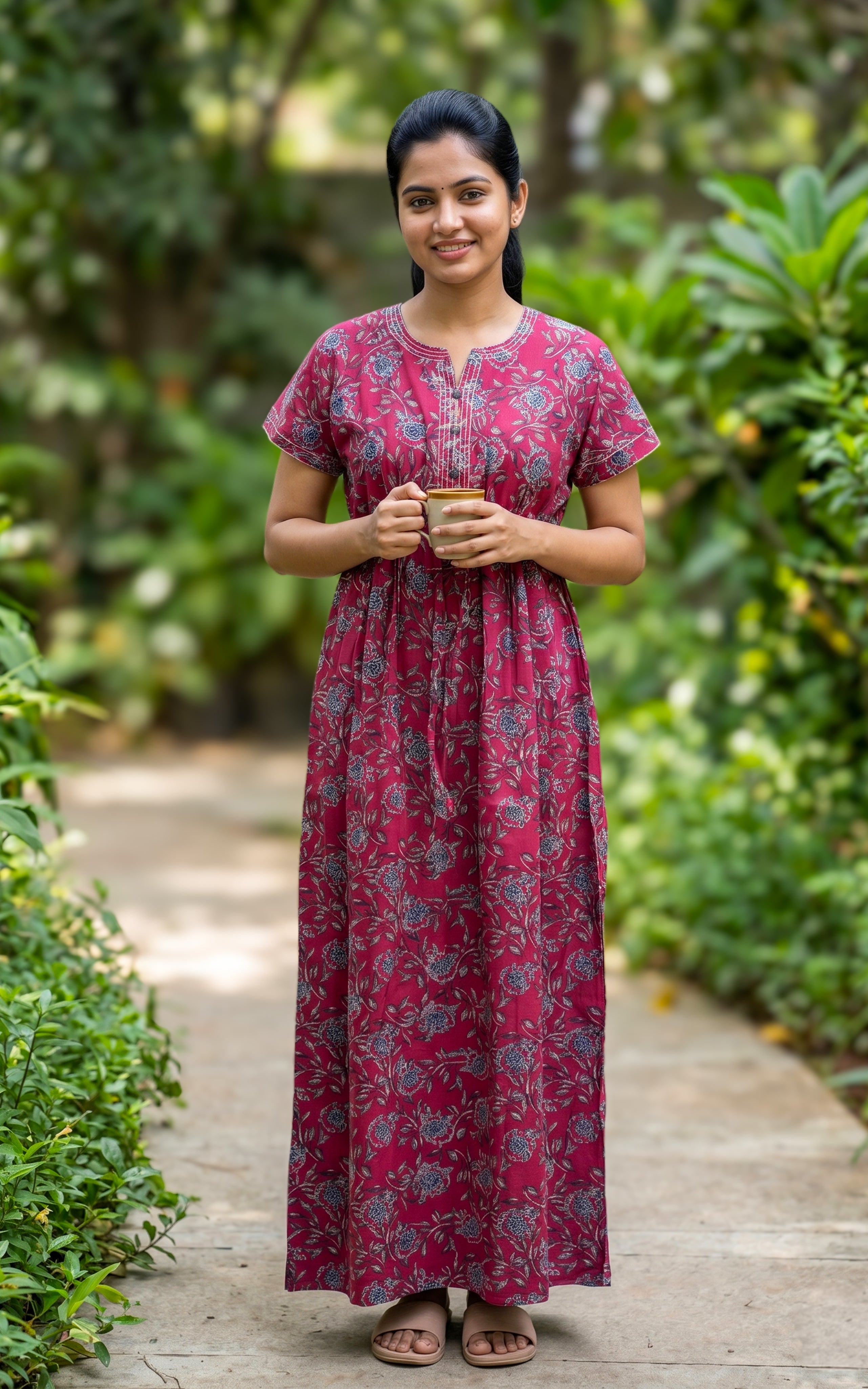 Instore - Maroon Floral Print Cotton A-line Long Nighty with Side Pocket, Relaxed Fit, Women's Sleepwear
