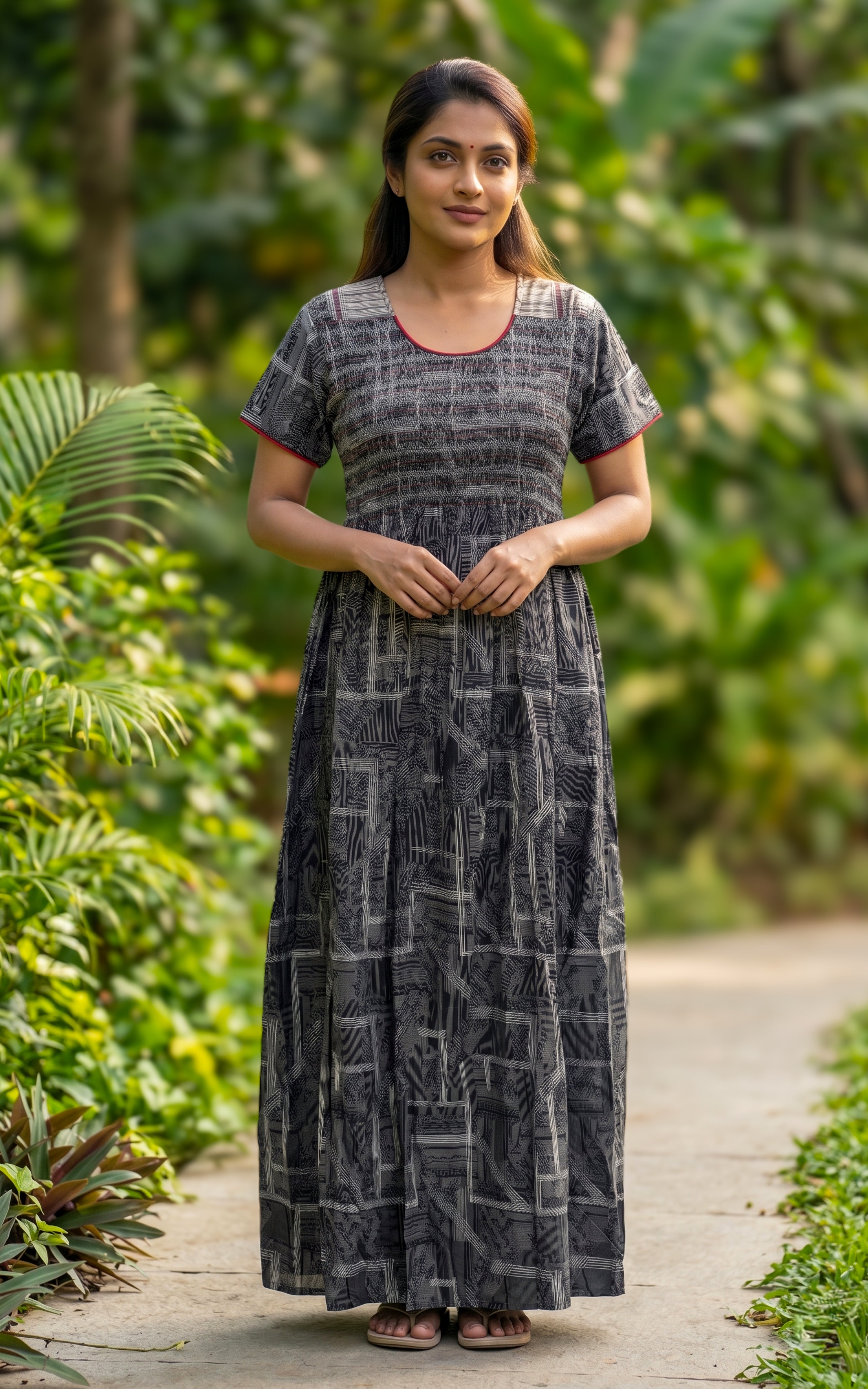 Instore - Dark Grey Geometric Line Print Cotton Long Nighty with Contrast Piping, Side Pocket, Relaxed Fit, Women's Sleepwear