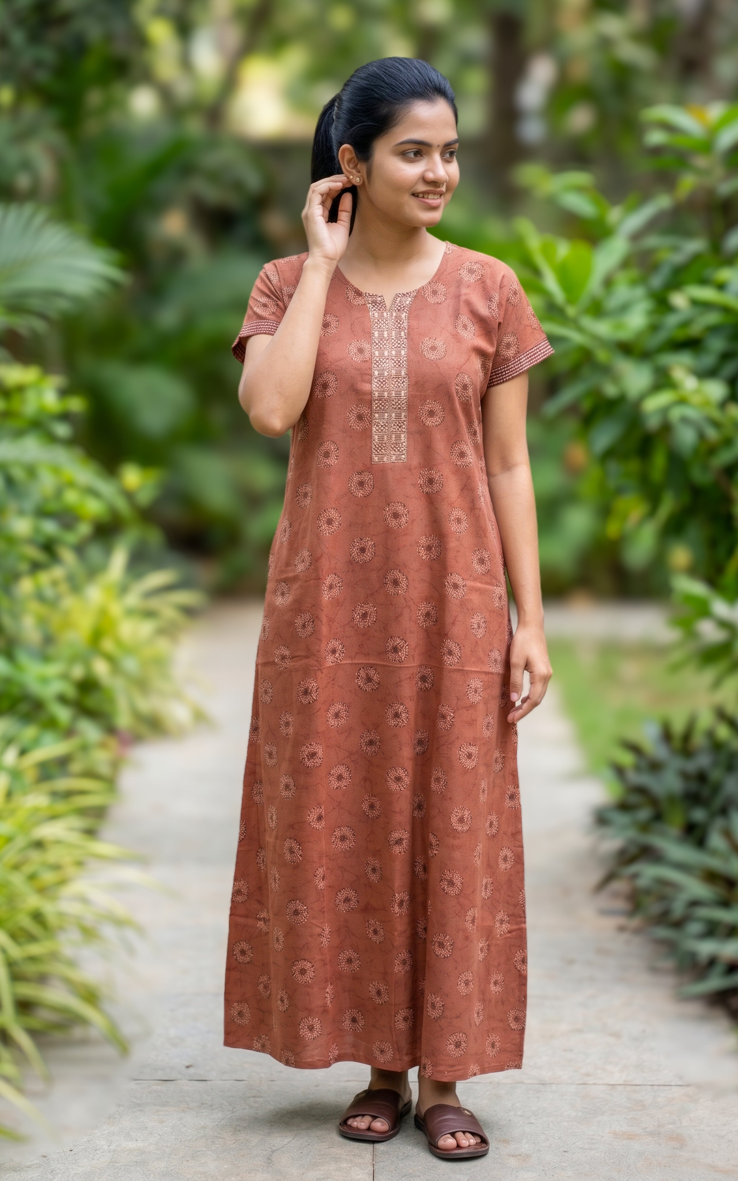 Instore - Rust Floral Print Cotton Long Nighty with Side Pocket, Relaxed Fit, Women's Sleepwear