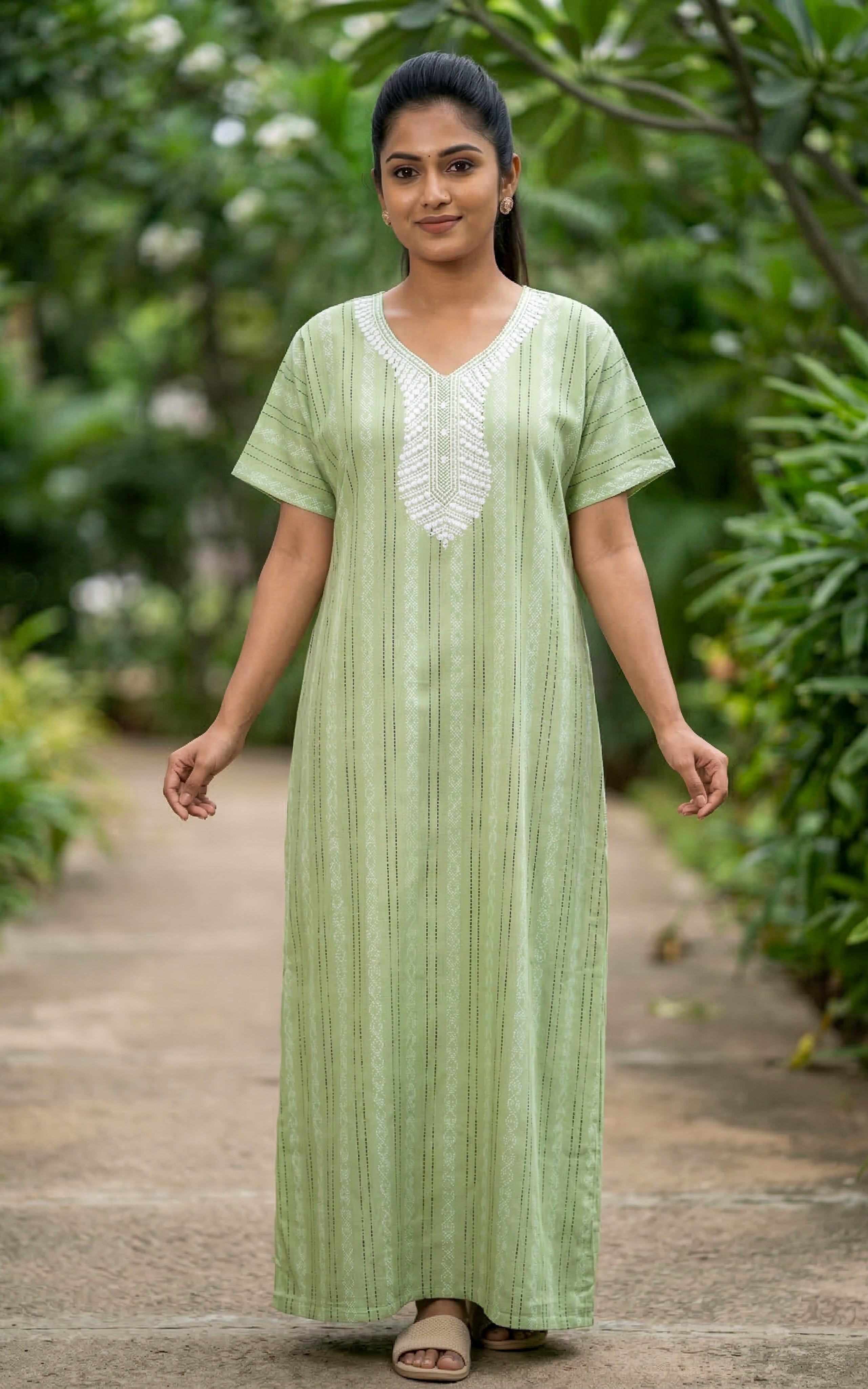 Instore – Pastel Green Vertical Stripe Print Cotton Long Nighty, Round Neck, Relaxed Fit, Women's Sleepwear