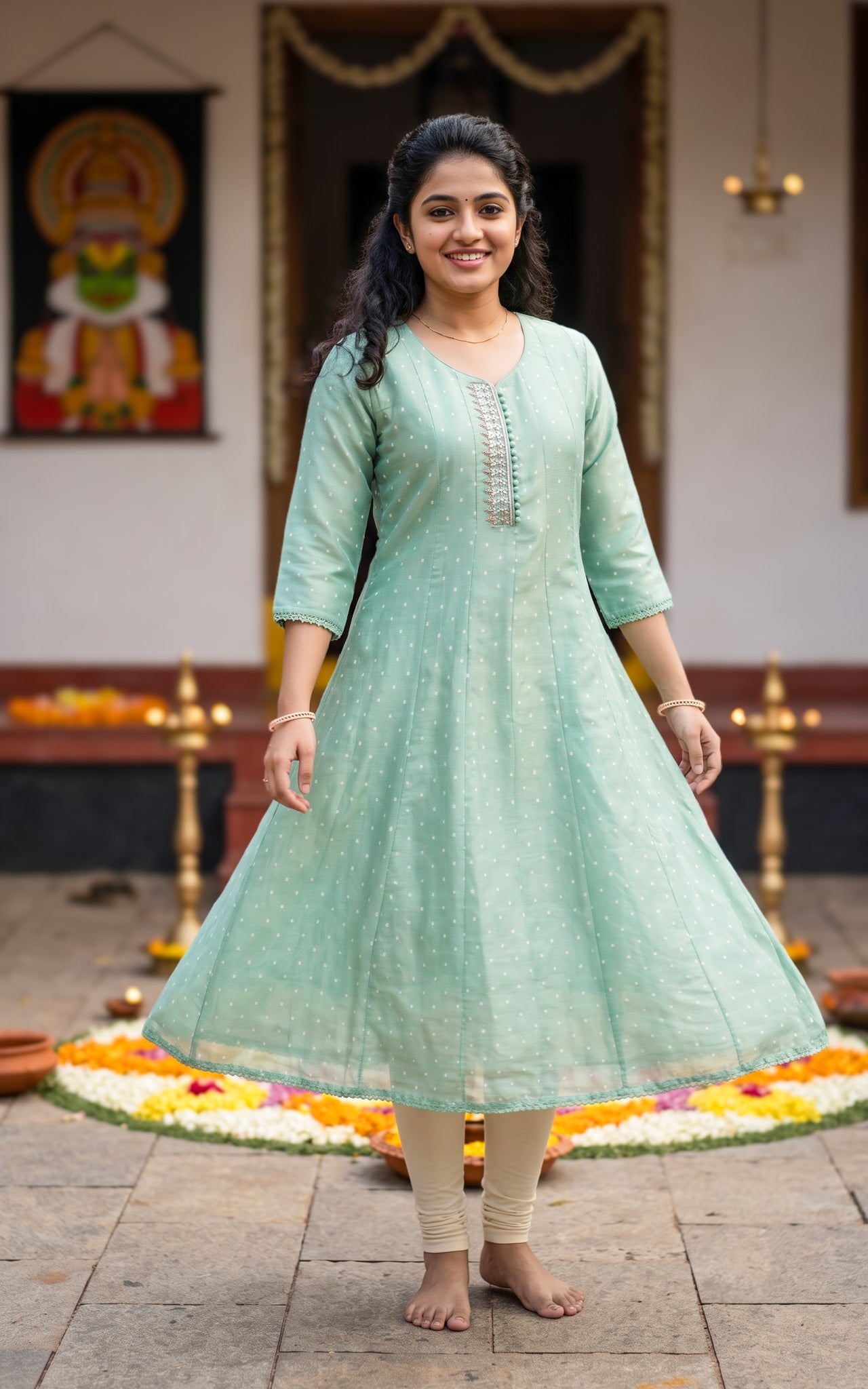 Mint Green Chanderi Onam Festive Wear Kurti for Women