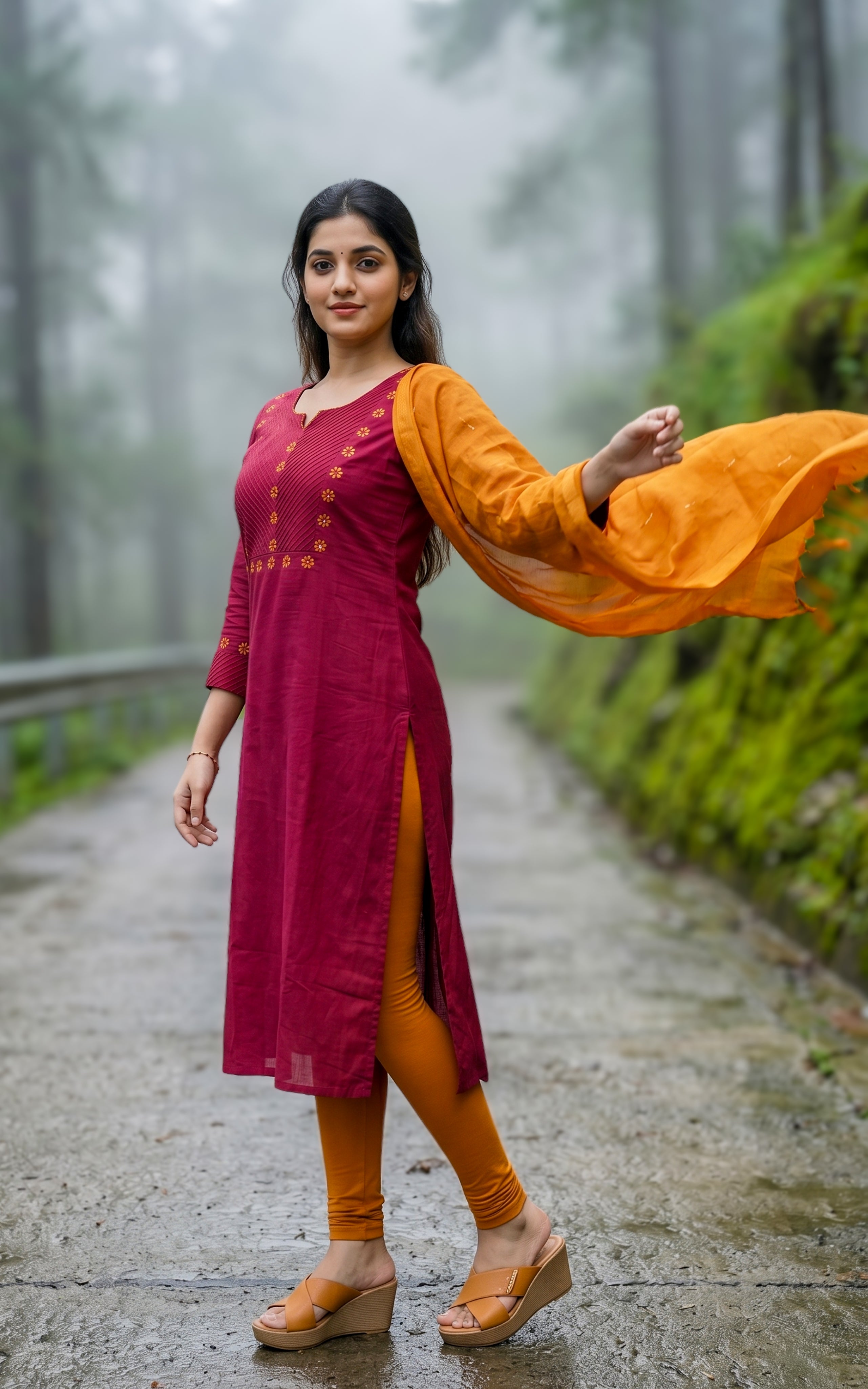 Instore – Maroon Cotton Straight Cut Kurti with Dupatta for Women – Side Slit – Ethnic Wear