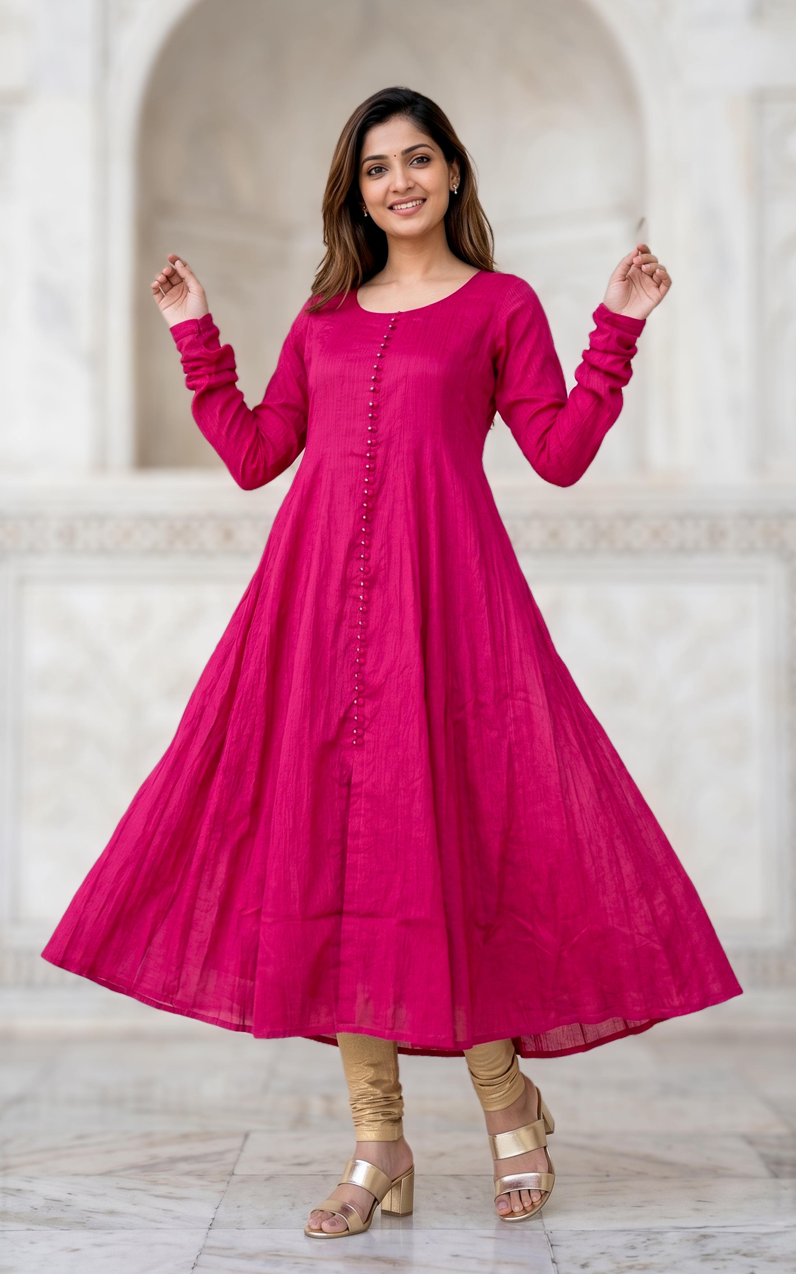 Ruby pink Anarkali dress for women, flowy long flare kurti