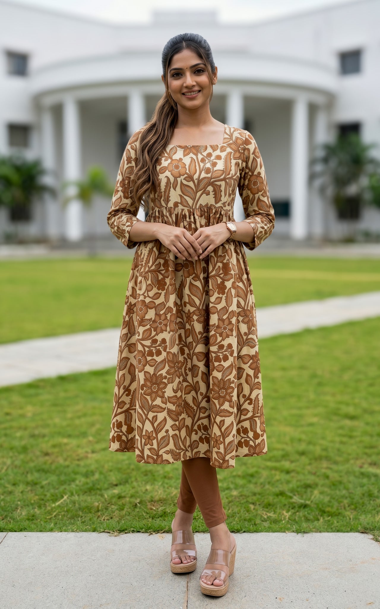 Beige and dark mustard Indo western kurti for women