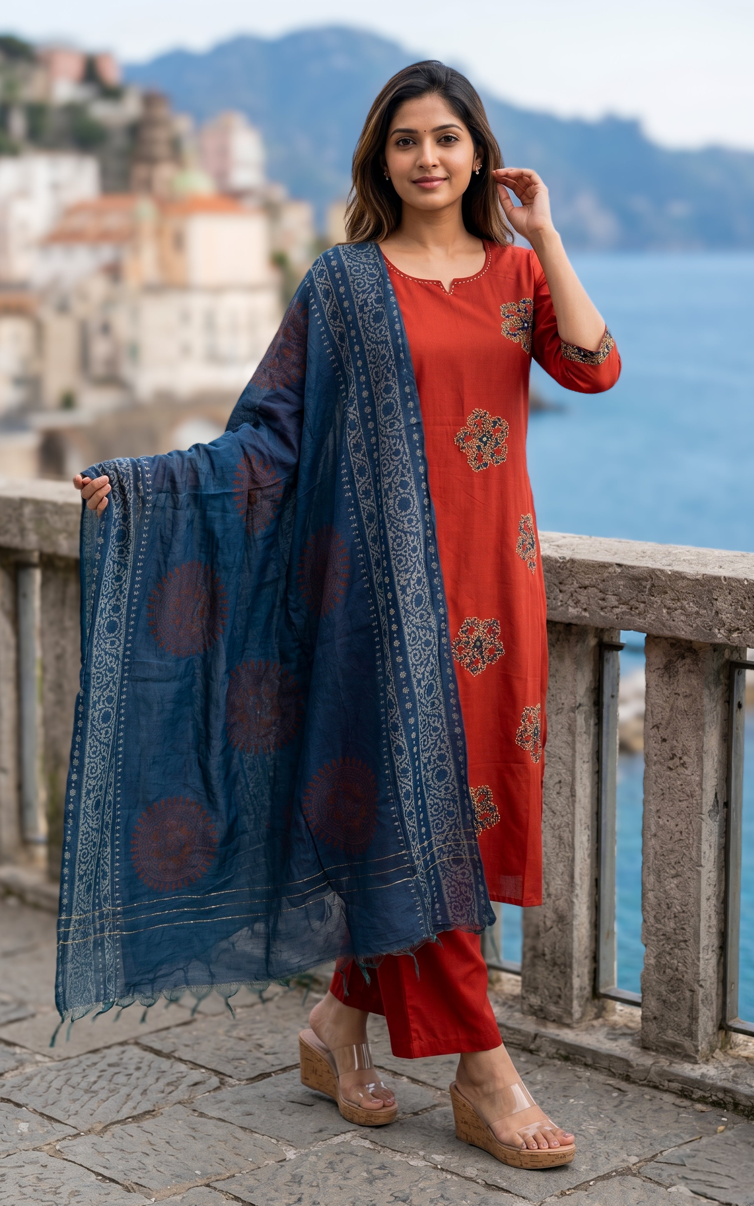 Rust straight cut cotton kurti for women