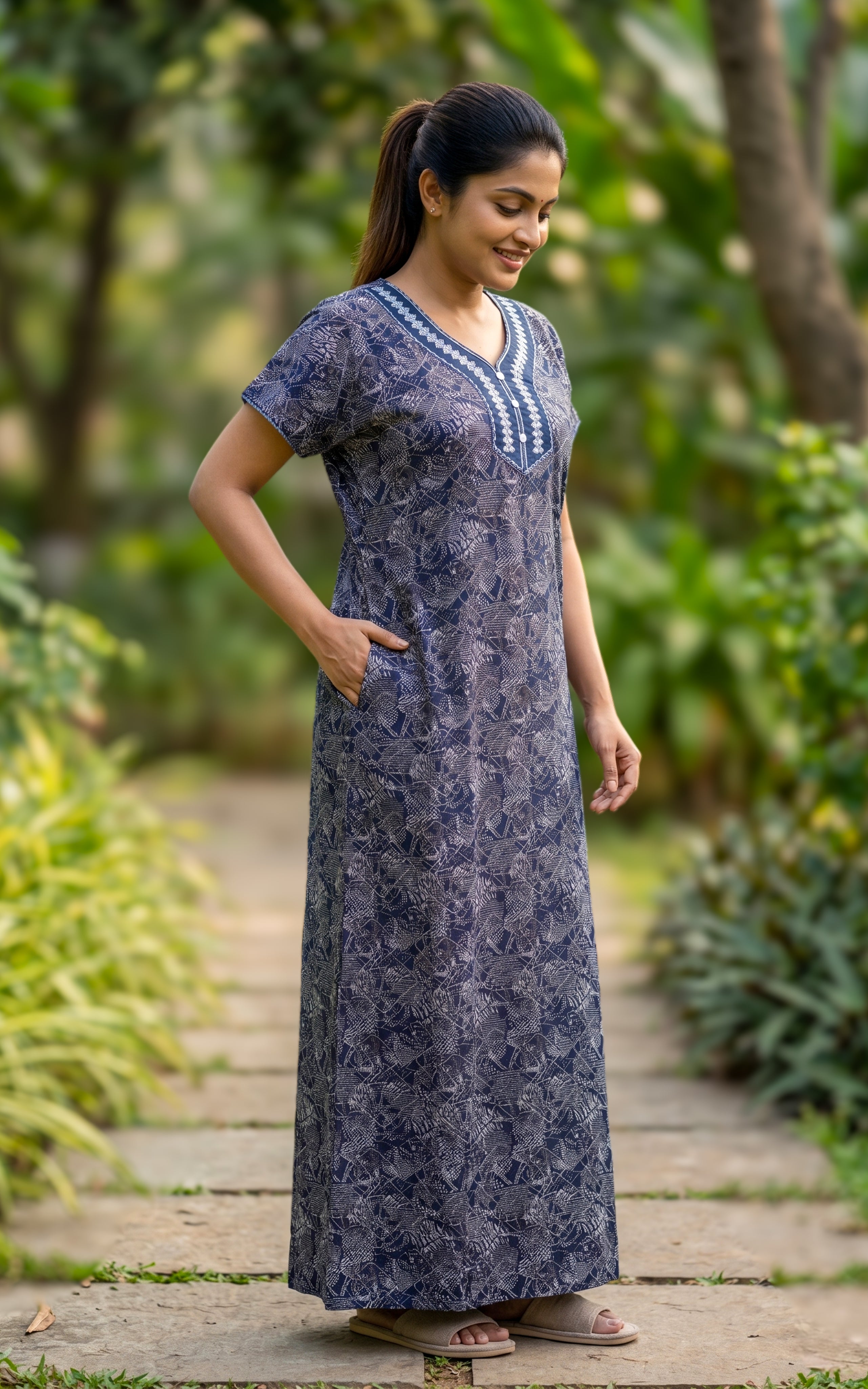 Instore - Navy Blue Floral Print Cotton Long Nighty with Side Pocket, Relaxed Fit, Women's Sleepwear