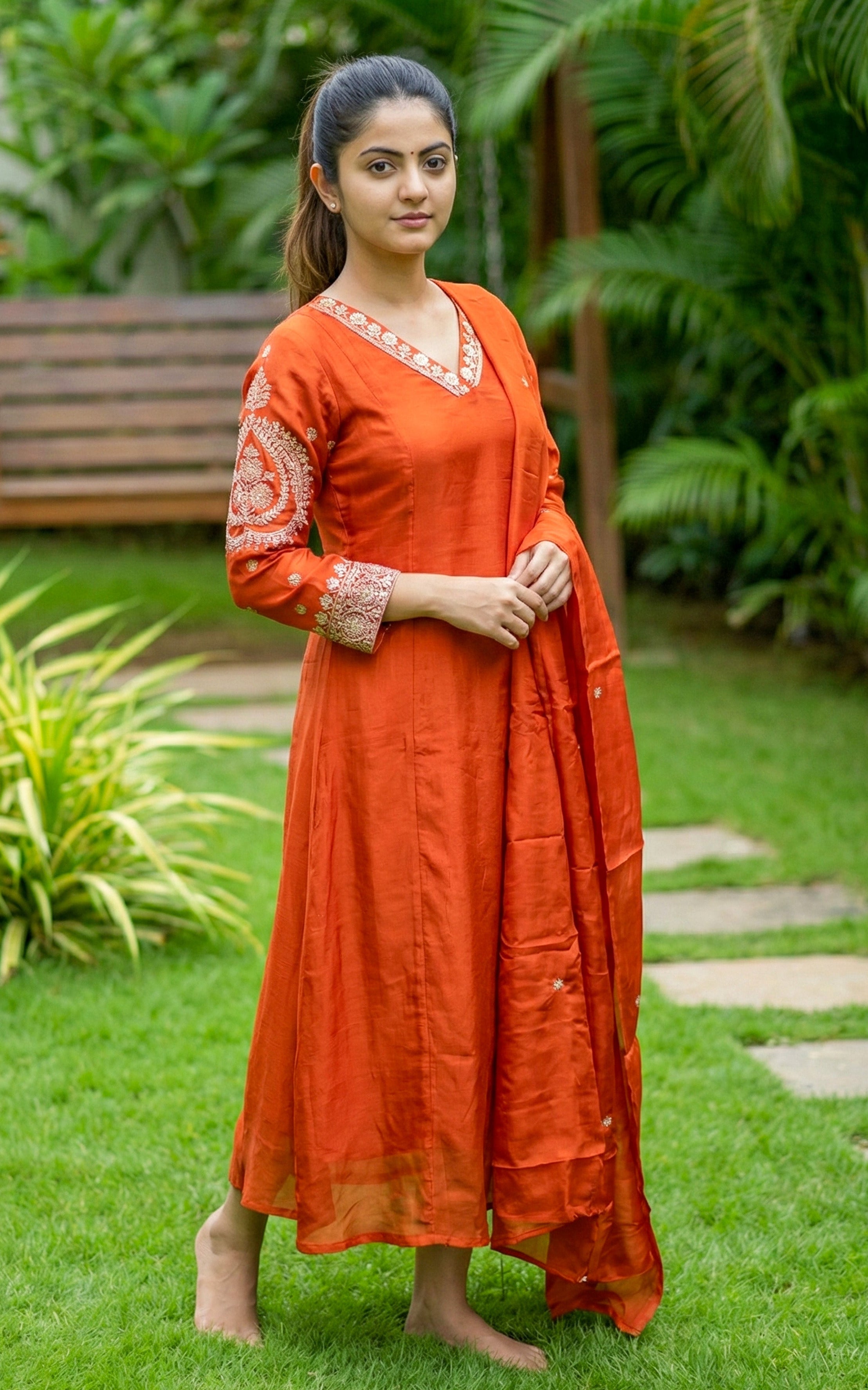 Instore - Orange Art Silk V Neck Sequence Embroidery Aline Kurti with Side Slit & One Side Pocket with Art Silk Dupatta