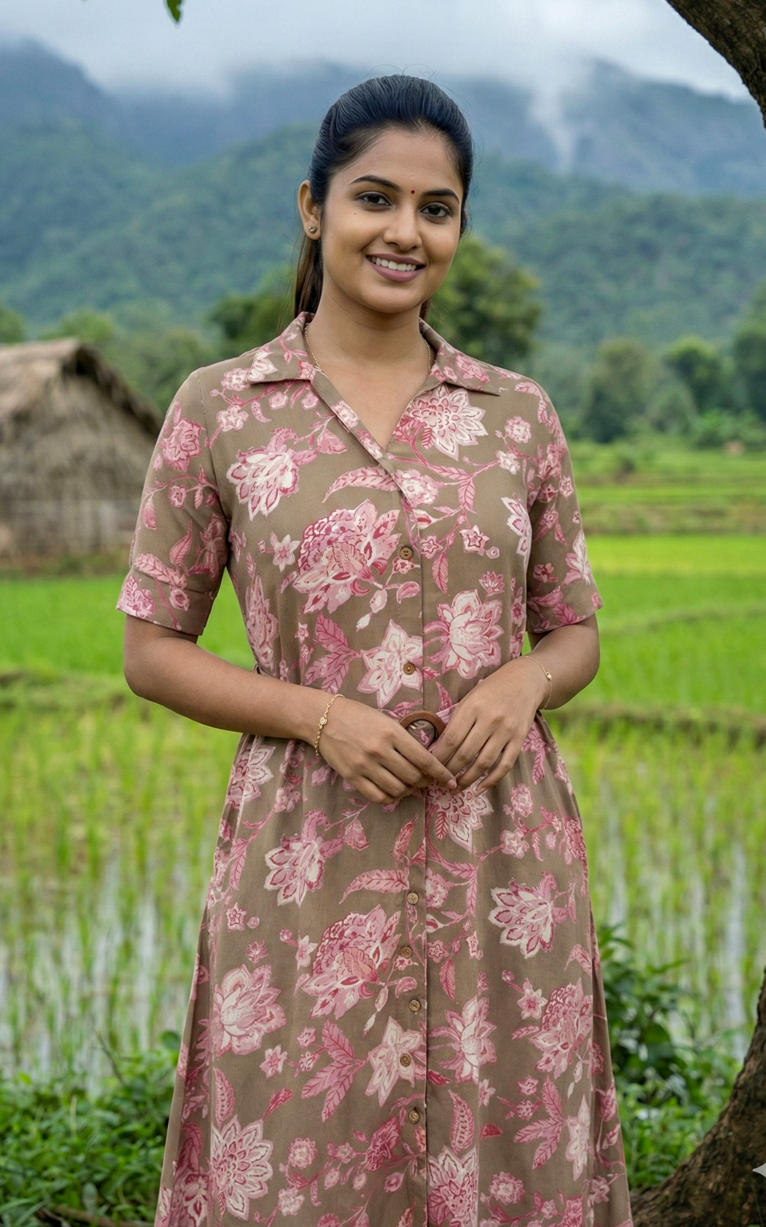 A floral printed midi dress with button-down detail and short sleeves