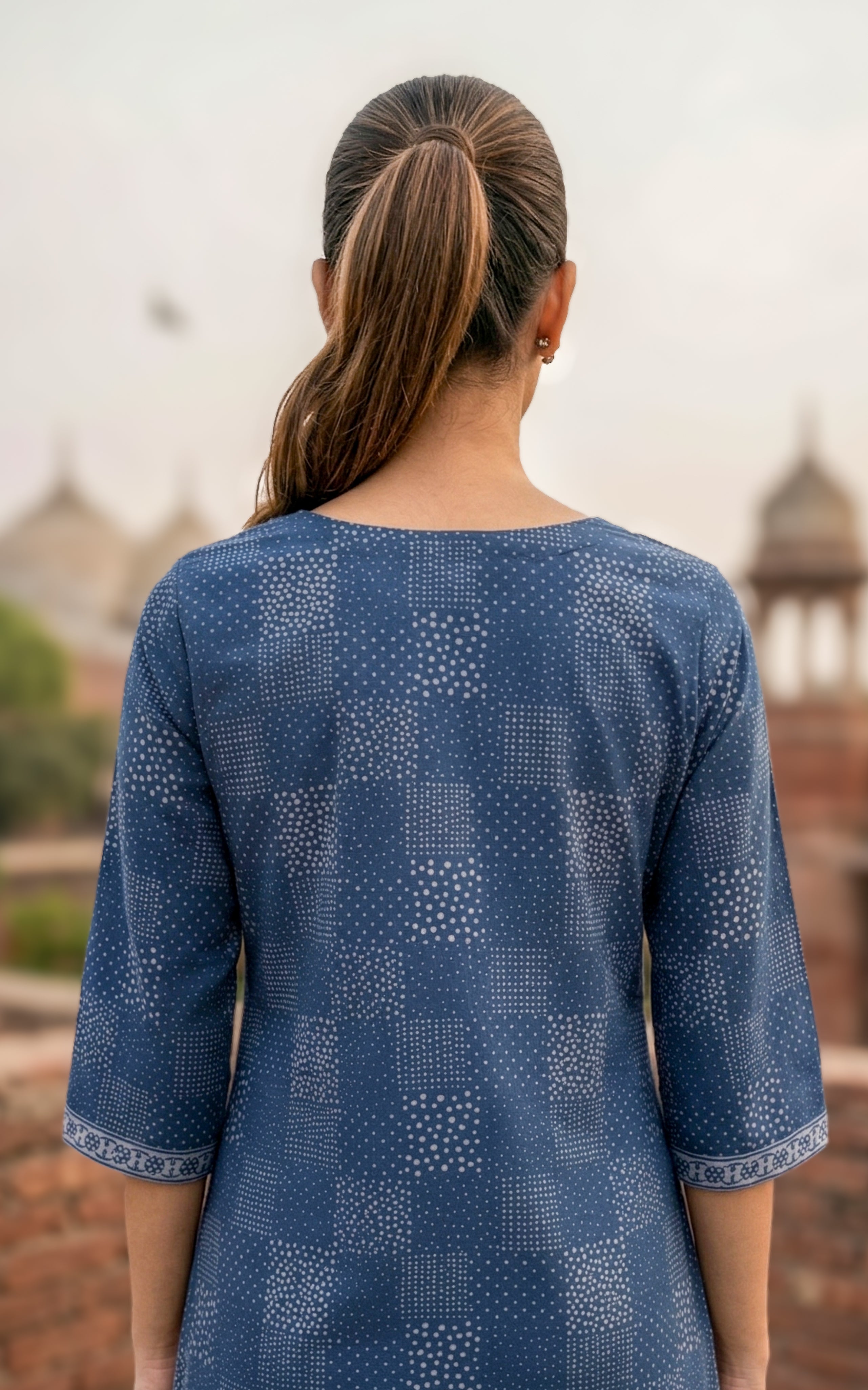 Instore - Navy Blue Color Cotton Printed Aline Kurti with Bell Sleeves and One Side Pocket, No Lining