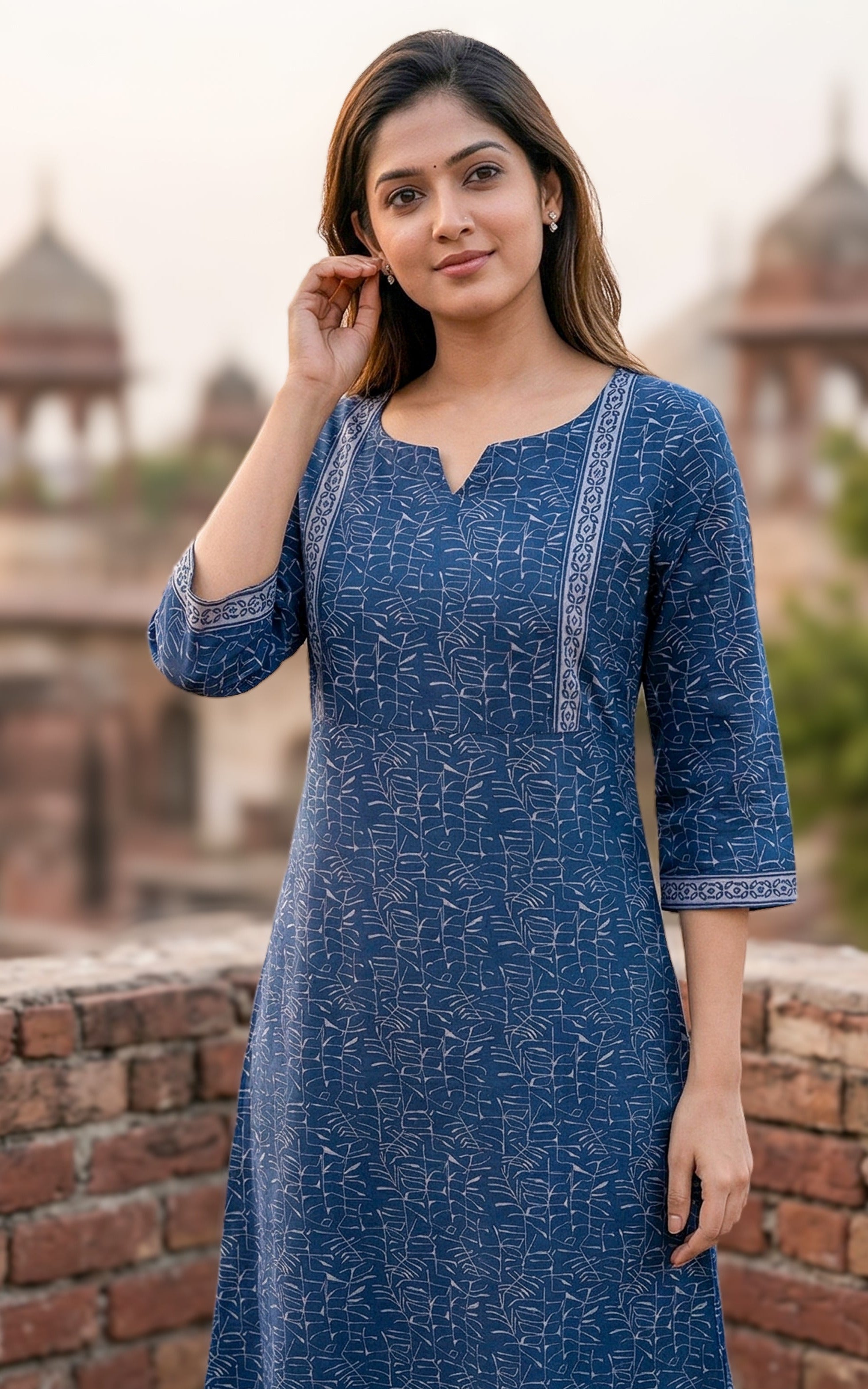 Instore - Navy Blue Color Cotton Printed Aline Kurti with Bell Sleeves and One Side Pocket, No Lining