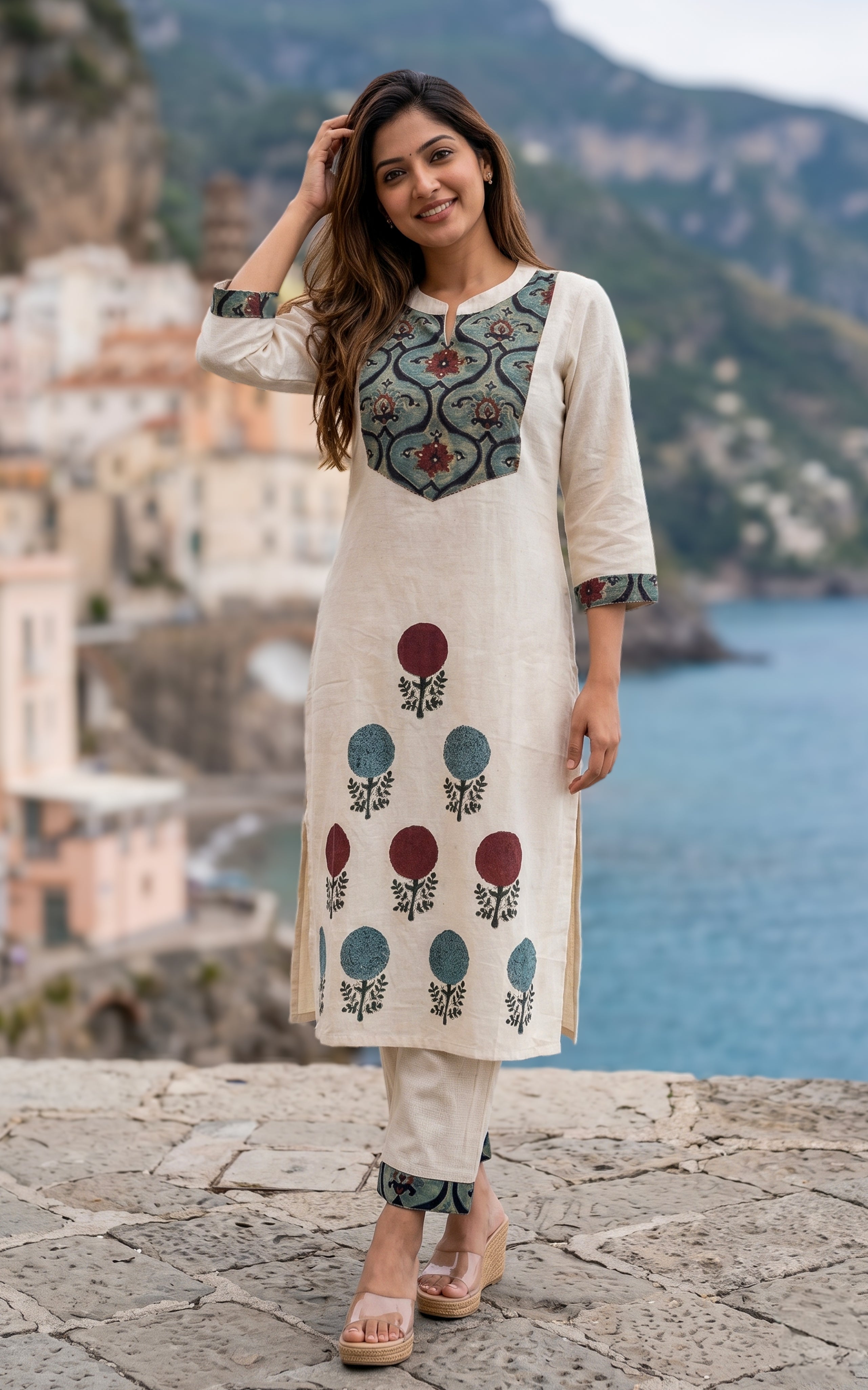 Off white kurti with double side pocket for women