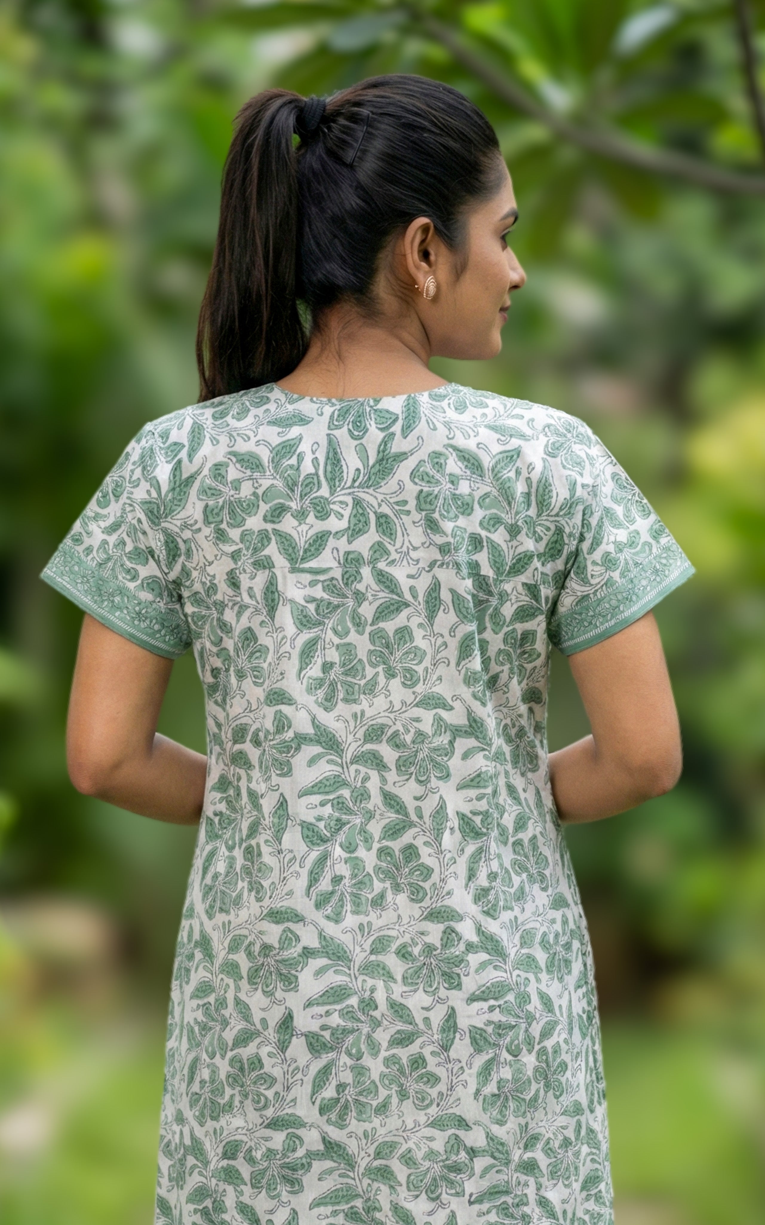 Instore – Green Cotton Long Nighty, Floral Print, Round Neck with Contrast Yoke Panel, A-line Fit, Women's Sleepwear