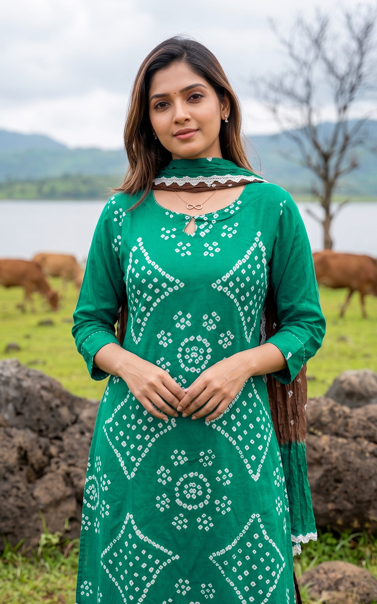 Rama Green and Brown Cotton Casual Wear Kurti Set for Women