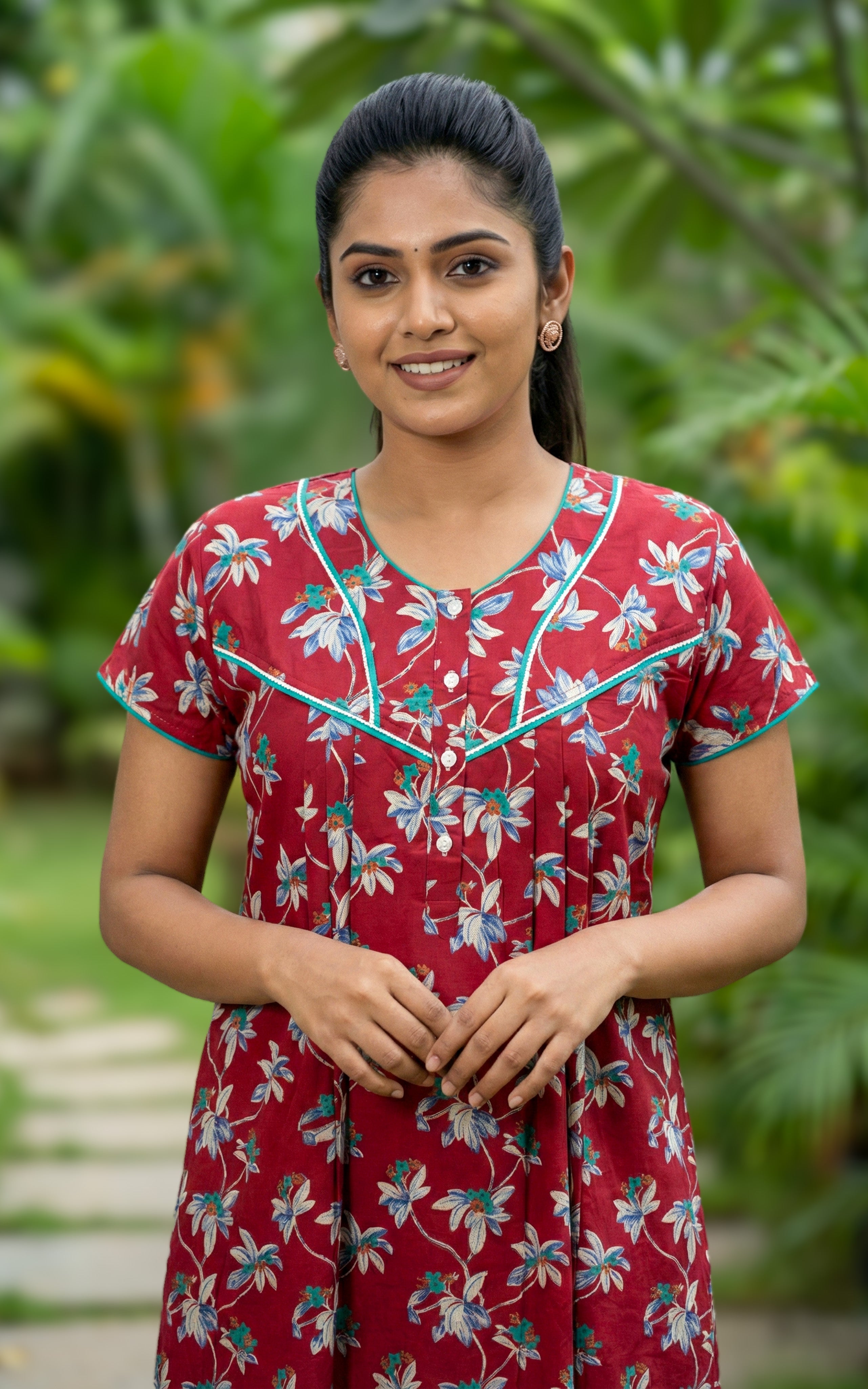Instore – Maroon Cotton Long Nighty, All-Over Floral Print, Round Neck with V-Yoke Design & Contrast Teal Piping, Relaxed Fit, Women's Sleepwear