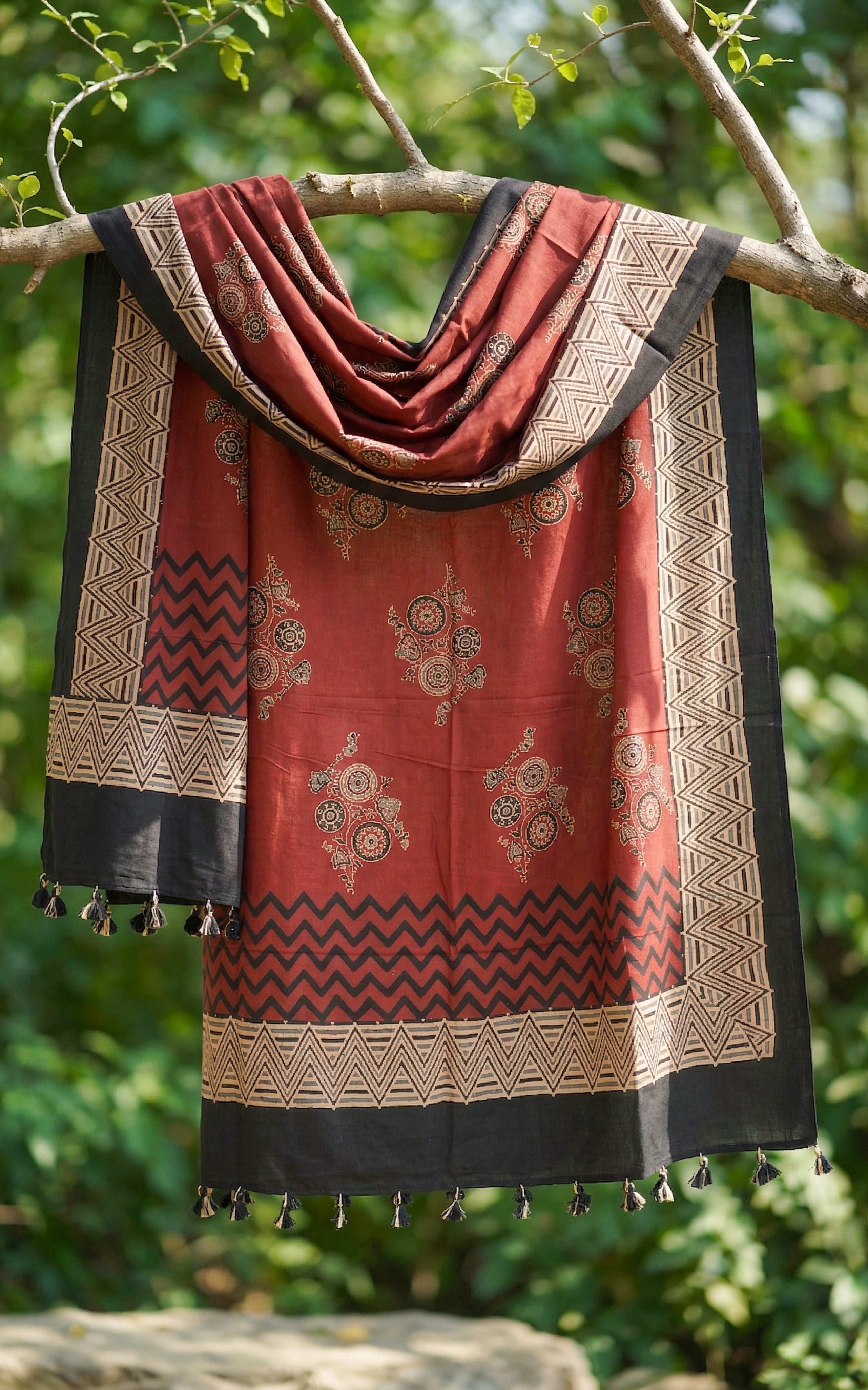 Instore – Earthy Tones Handblock Printed Dupatta for Women – Cotton – Tassels – Ethnic Wear