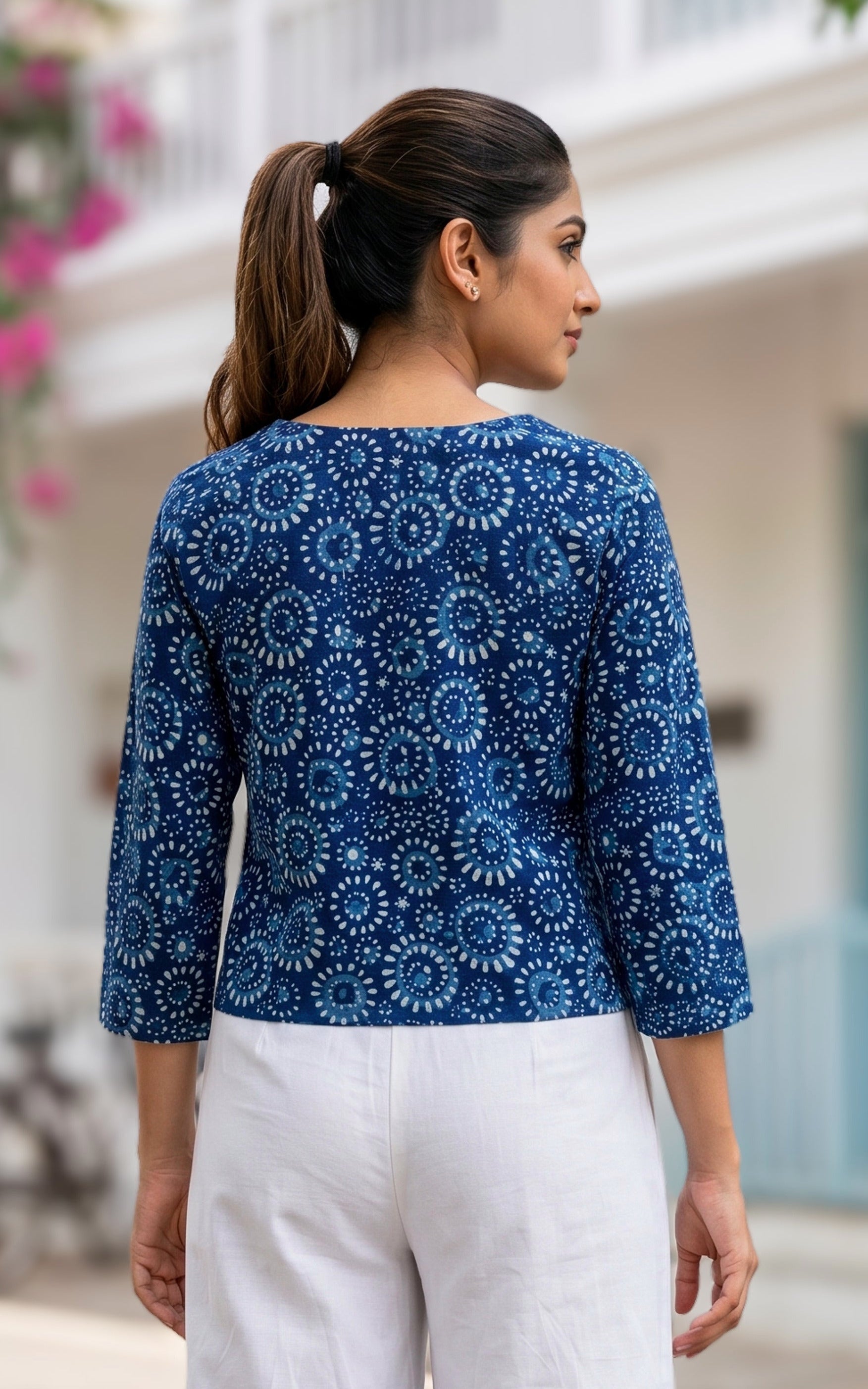 Instore - Indigo Dyed Cotton Printed Notched Collar Short Kurti, No Lining