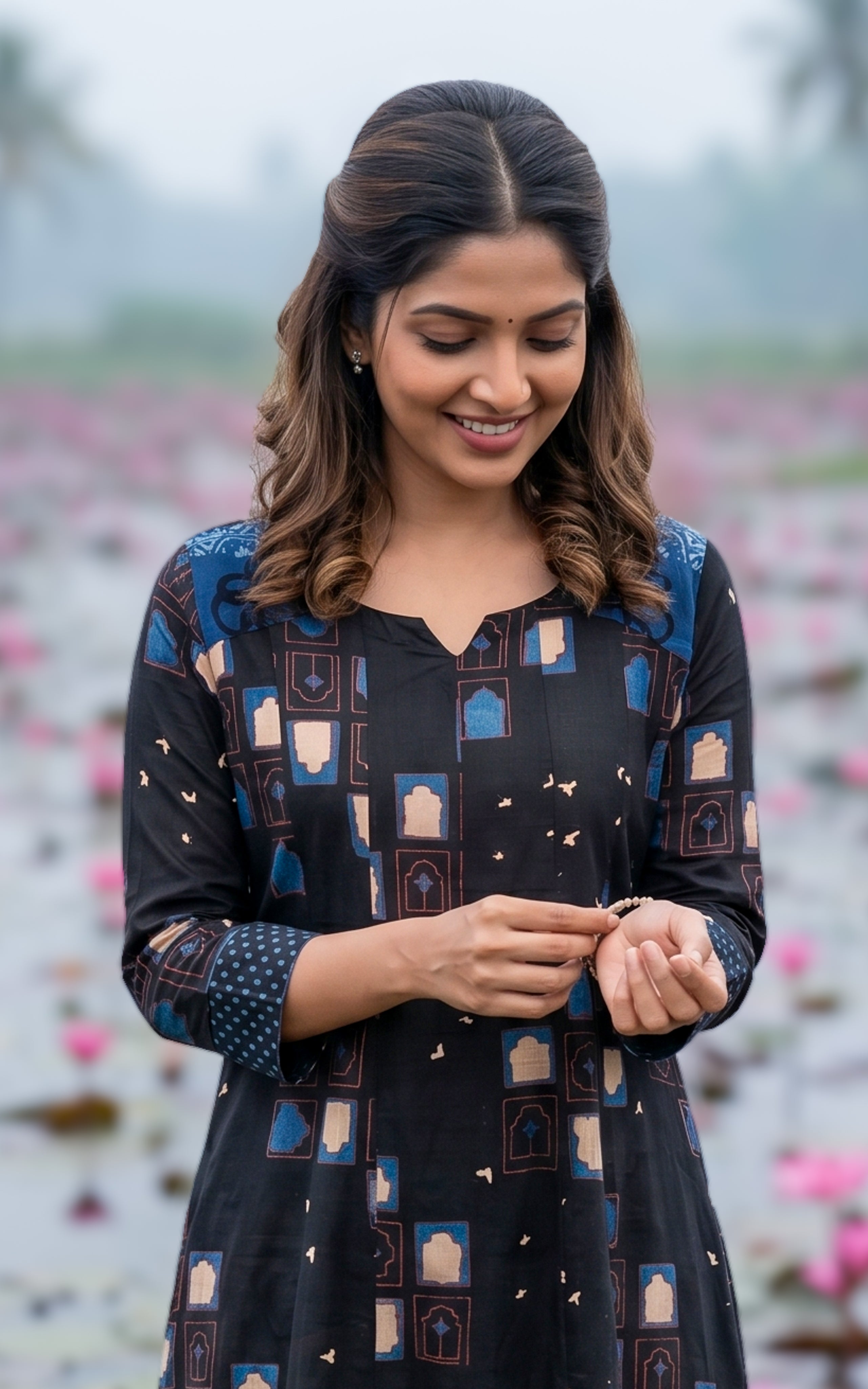 Instore-Seethalakshmi (Kurti+Pant+Dupatta)-Cotton-Anarkali -with One Side Pocket -Straight Pant -Dupatta -Black-Summer collection-Daily wear-office wear-college wear-ethnic wear