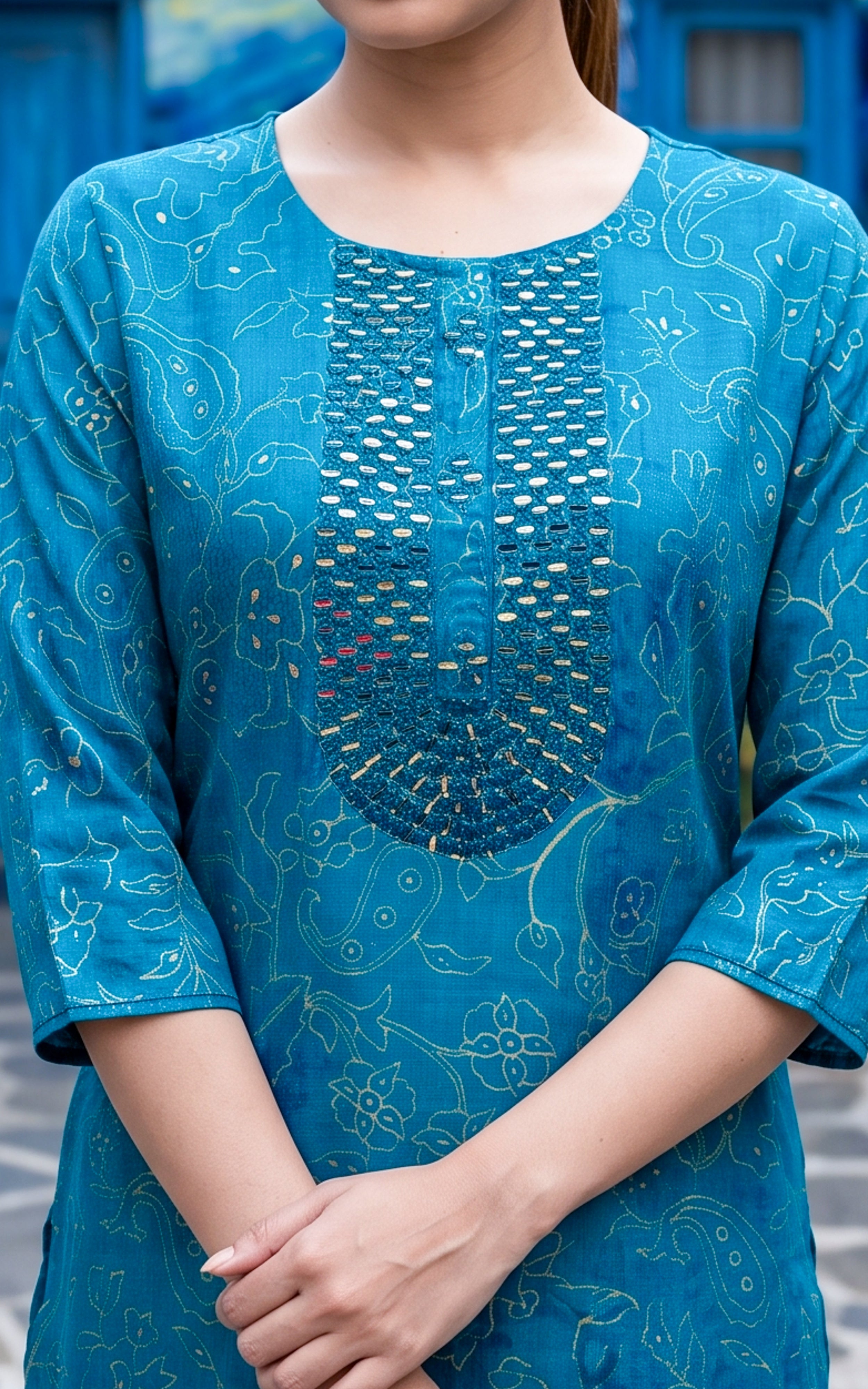 Teal Art Silk Office Wear Kurti Set for Women