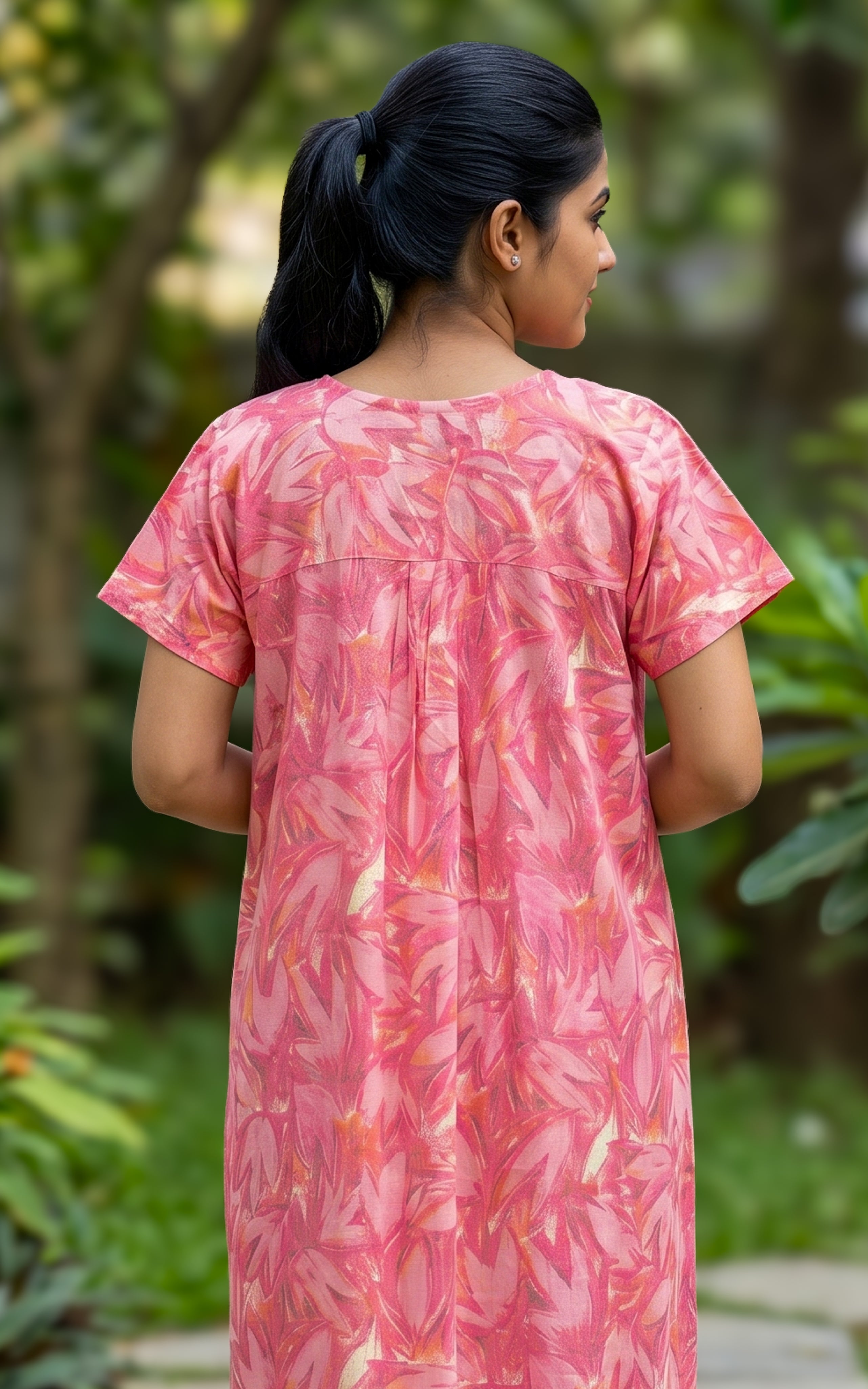 Instore - Peach Floral Print Cotton Long Nighty with Side Pocket, Relaxed Fit, Women's Sleepwear