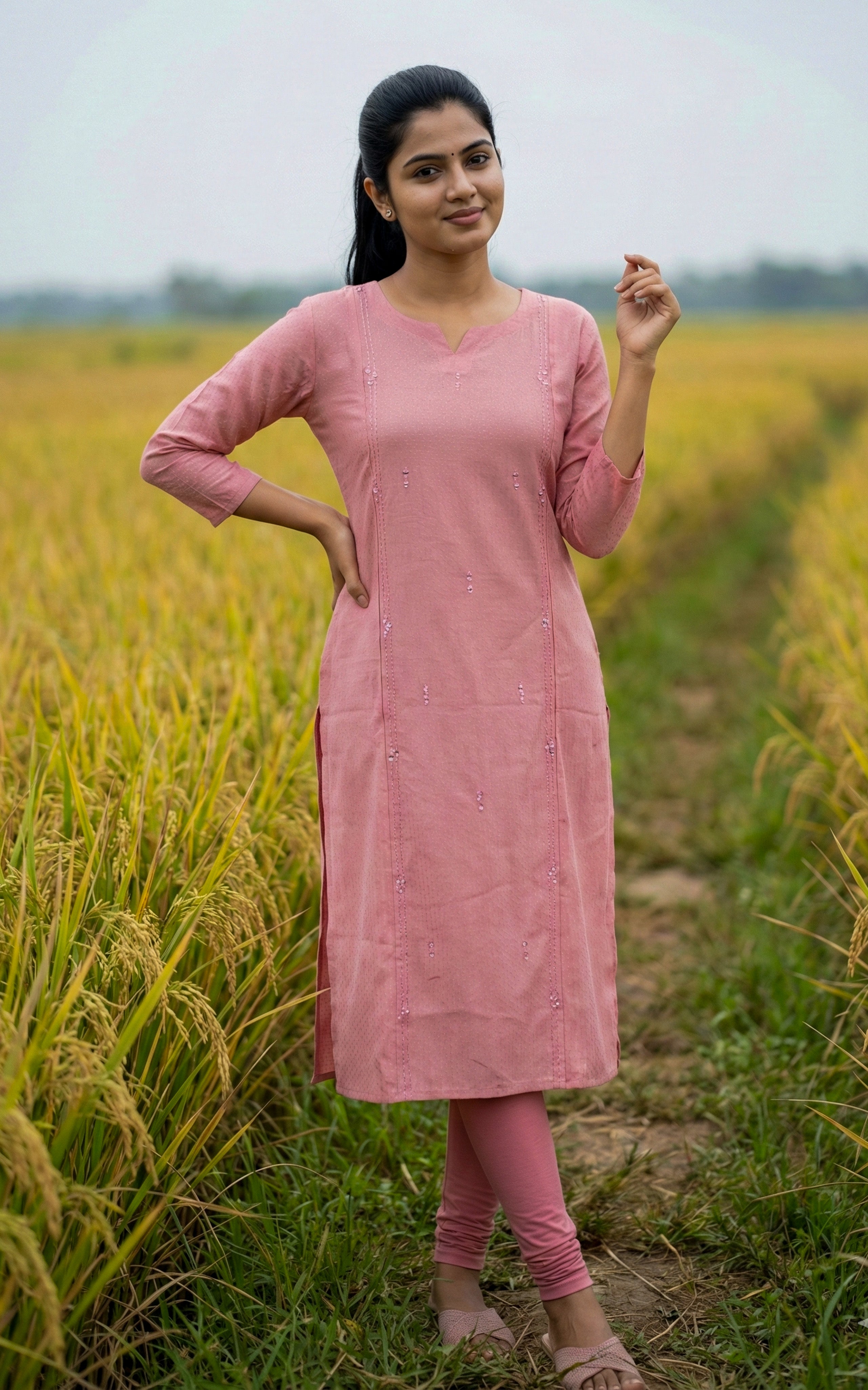 Instore - Dusty Pink Art Silk Straight Cut kurti with Side Slit with Mirror Work and No Lining