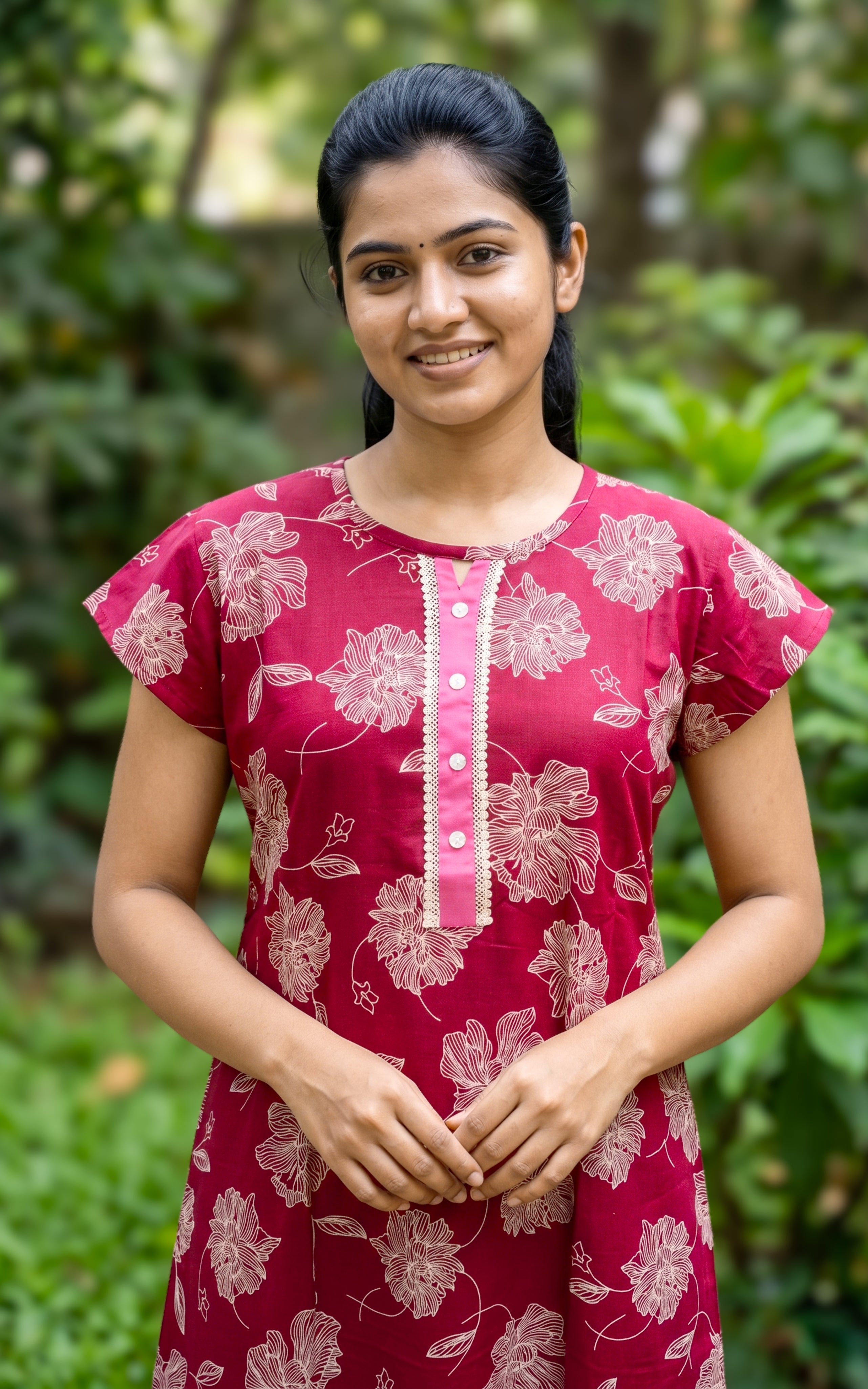 Instore - Red Floral Print Cotton Long Nighty with Button Placket, Side Pocket, Relaxed Fit, Women's Sleepwear