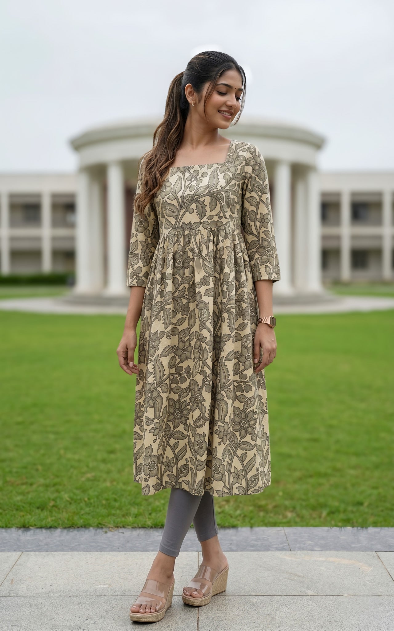 Beige grey floral flared kurti for women