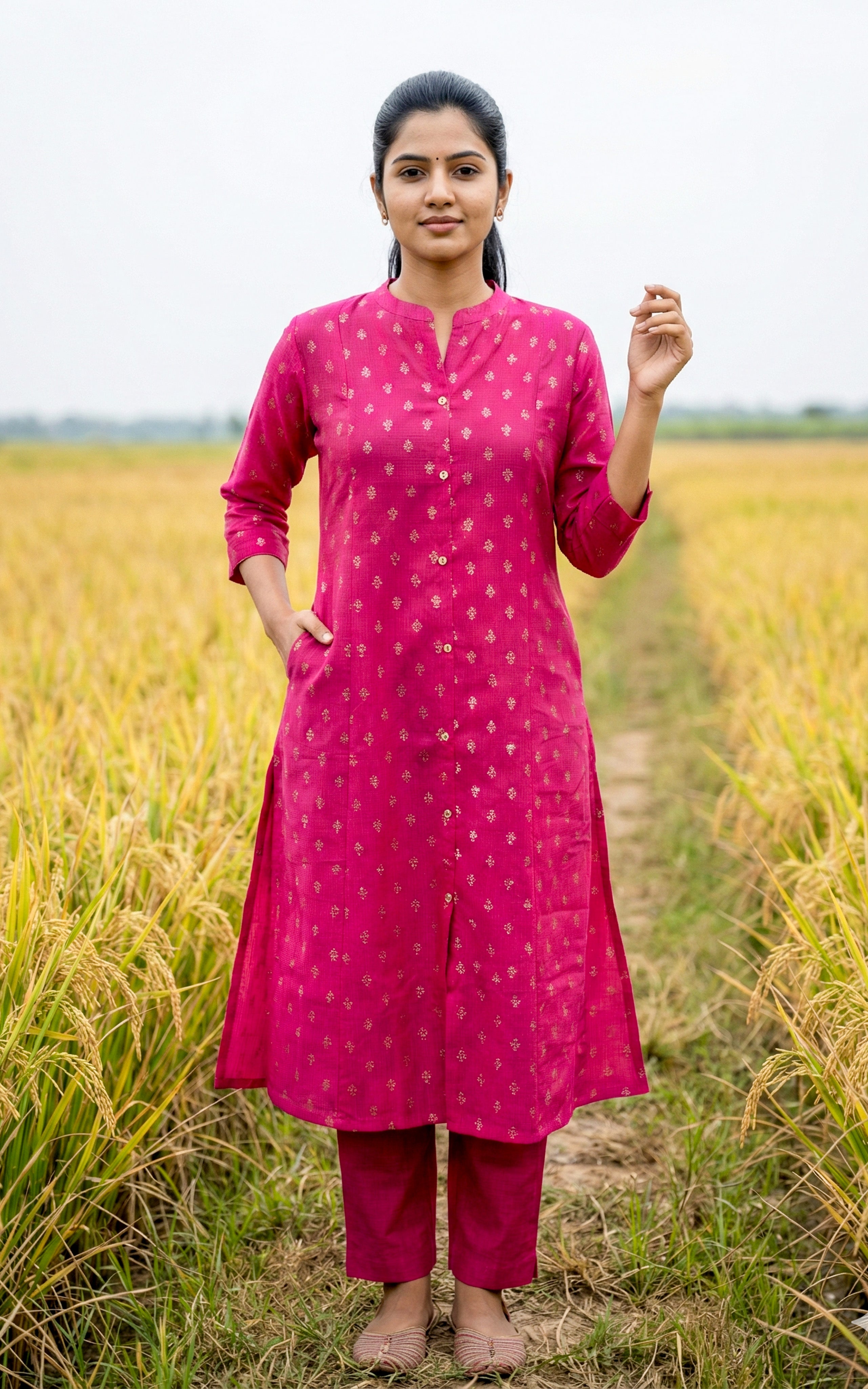 Instore - Pink Semi Silk Aline Kurti with Side Slit and Front Slit with Quarter-Sleeve and No Lining