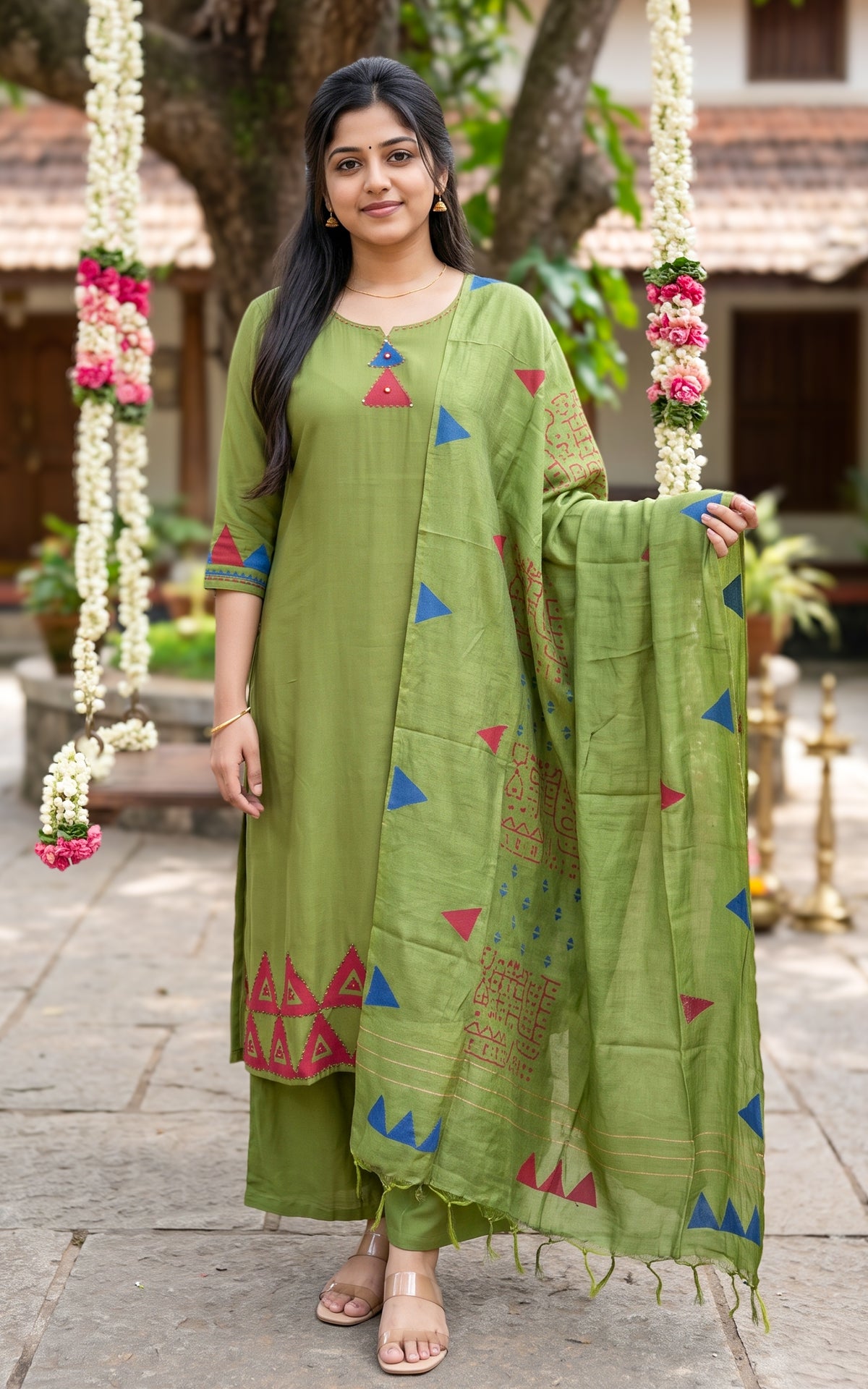Diwali Casuals Handblock Mehandi Green (Kurti+Pant+Dupatta)