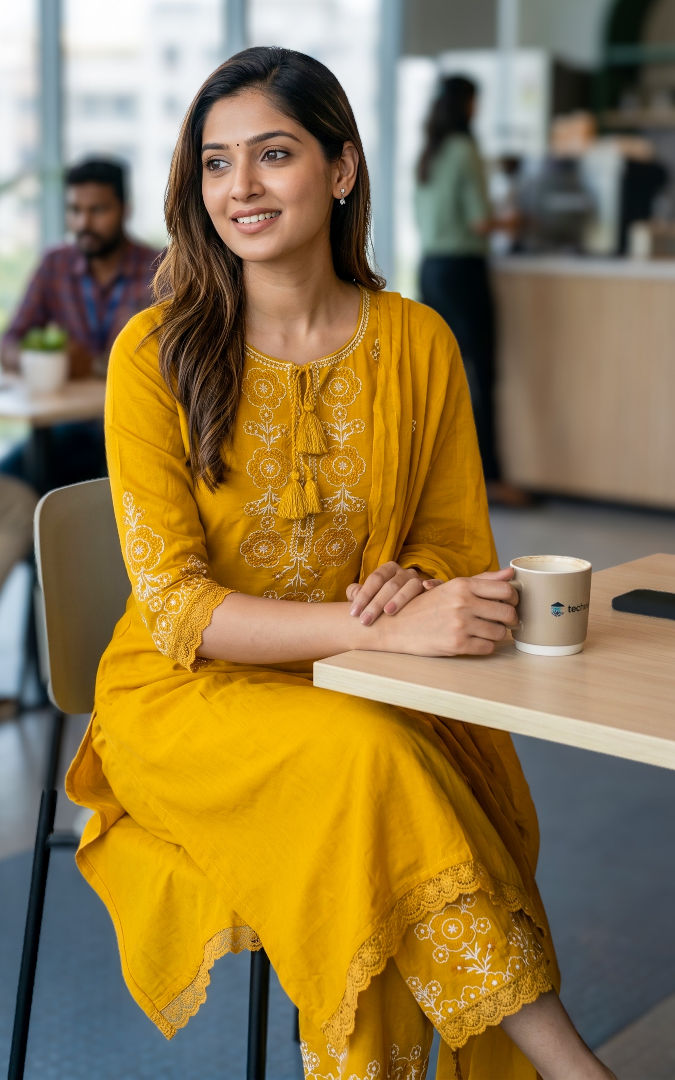 Mustard cotton kurti with double side pocket palazzo for women