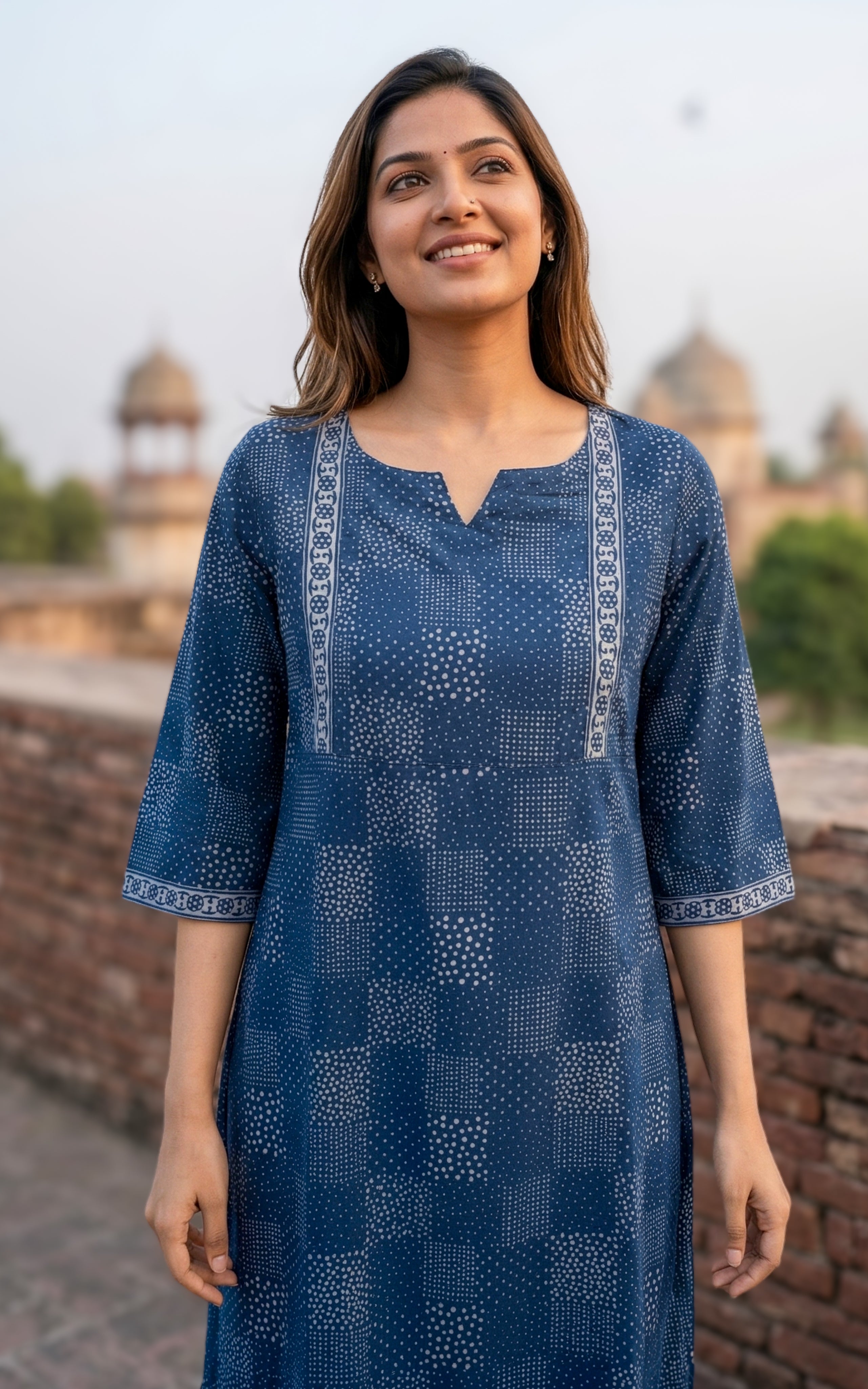 Instore - Navy Blue Color Cotton Printed Aline Kurti with Bell Sleeves and One Side Pocket, No Lining