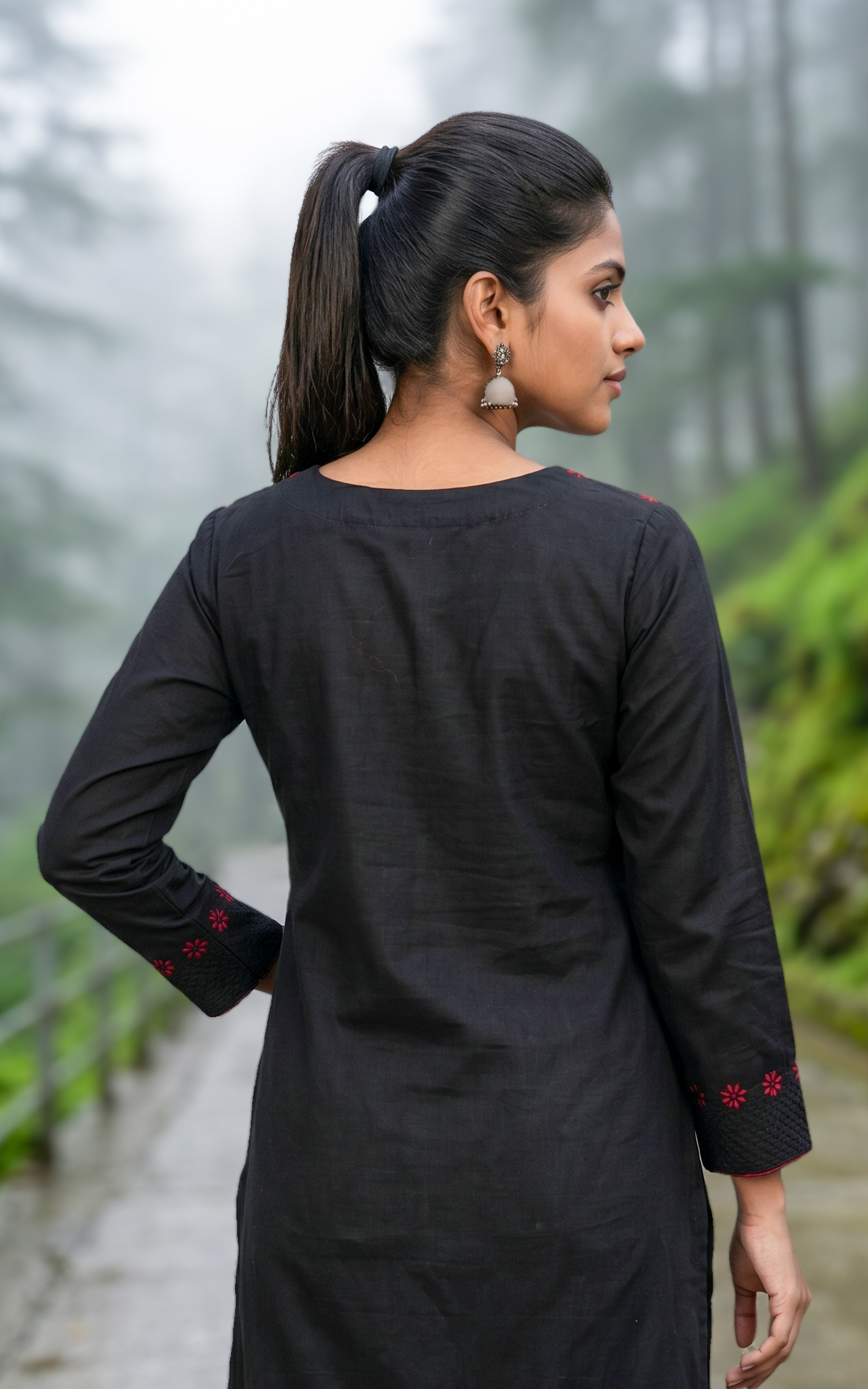 Instore – Black Cotton Straight Cut Kurti with Dupatta for Women – Side Slit – Ethnic Wear