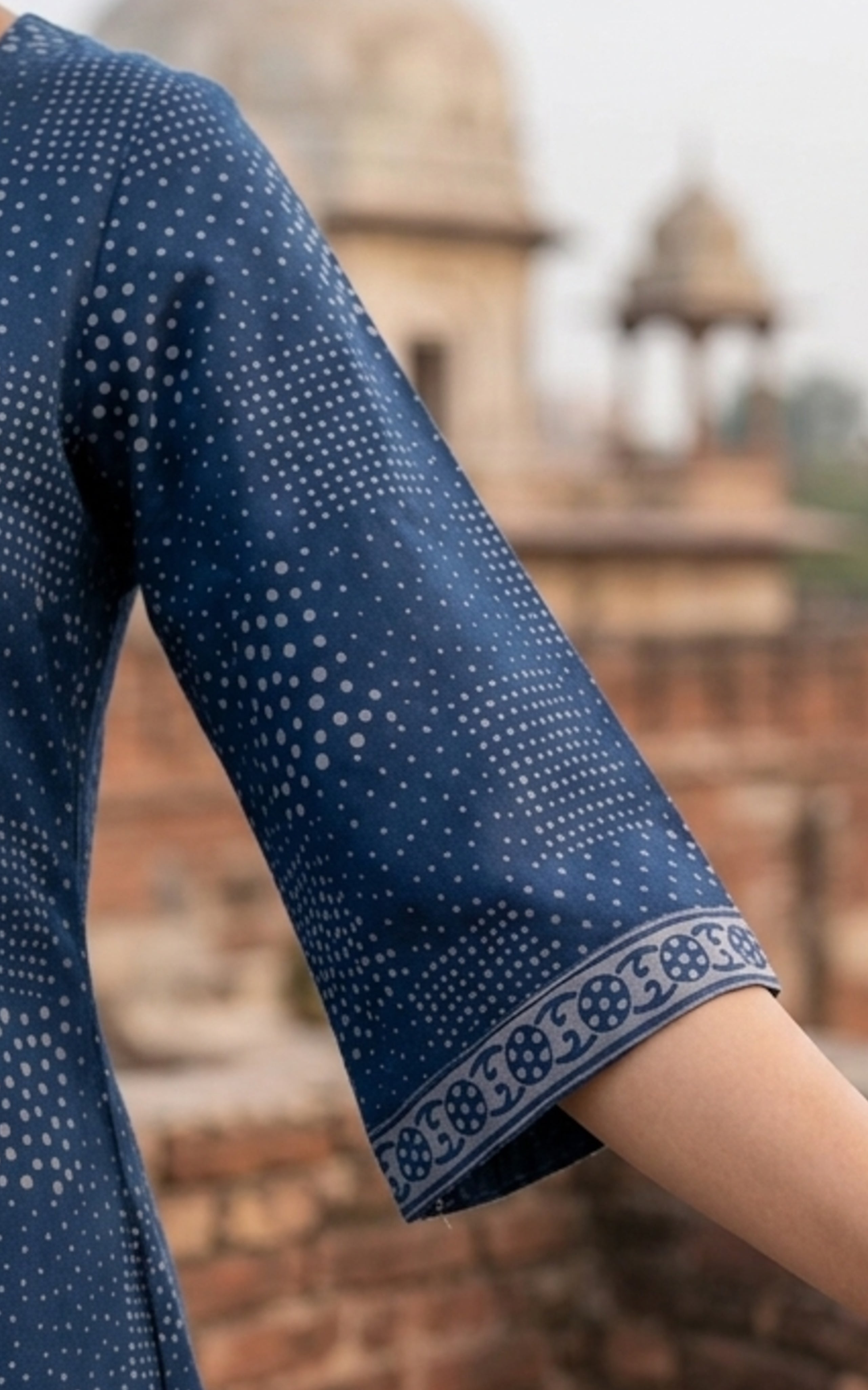 Instore - Navy Blue Color Cotton Printed Aline Kurti with Bell Sleeves and One Side Pocket, No Lining
