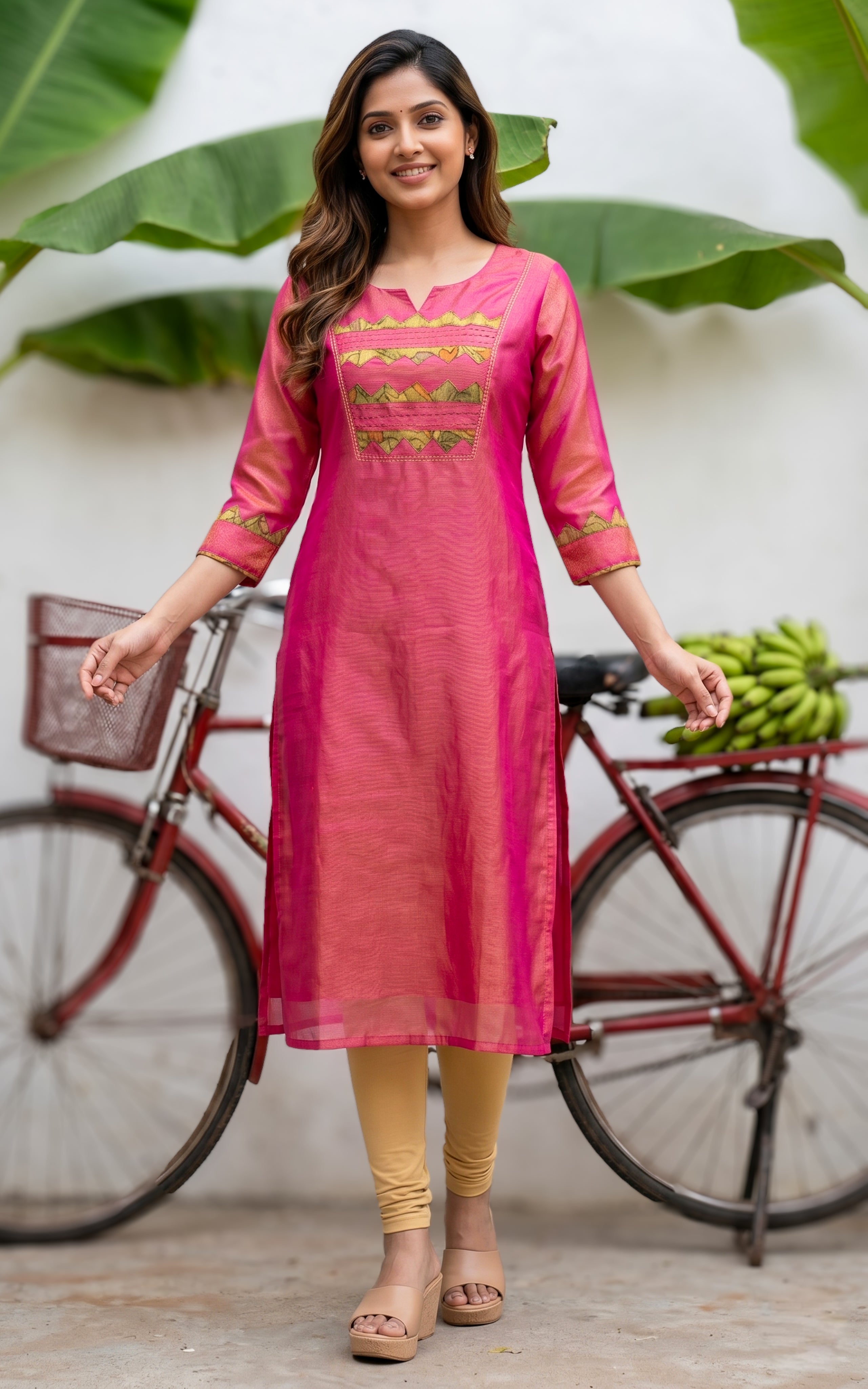 Women Dual Shade Pink Silk Kurti With Patch Work