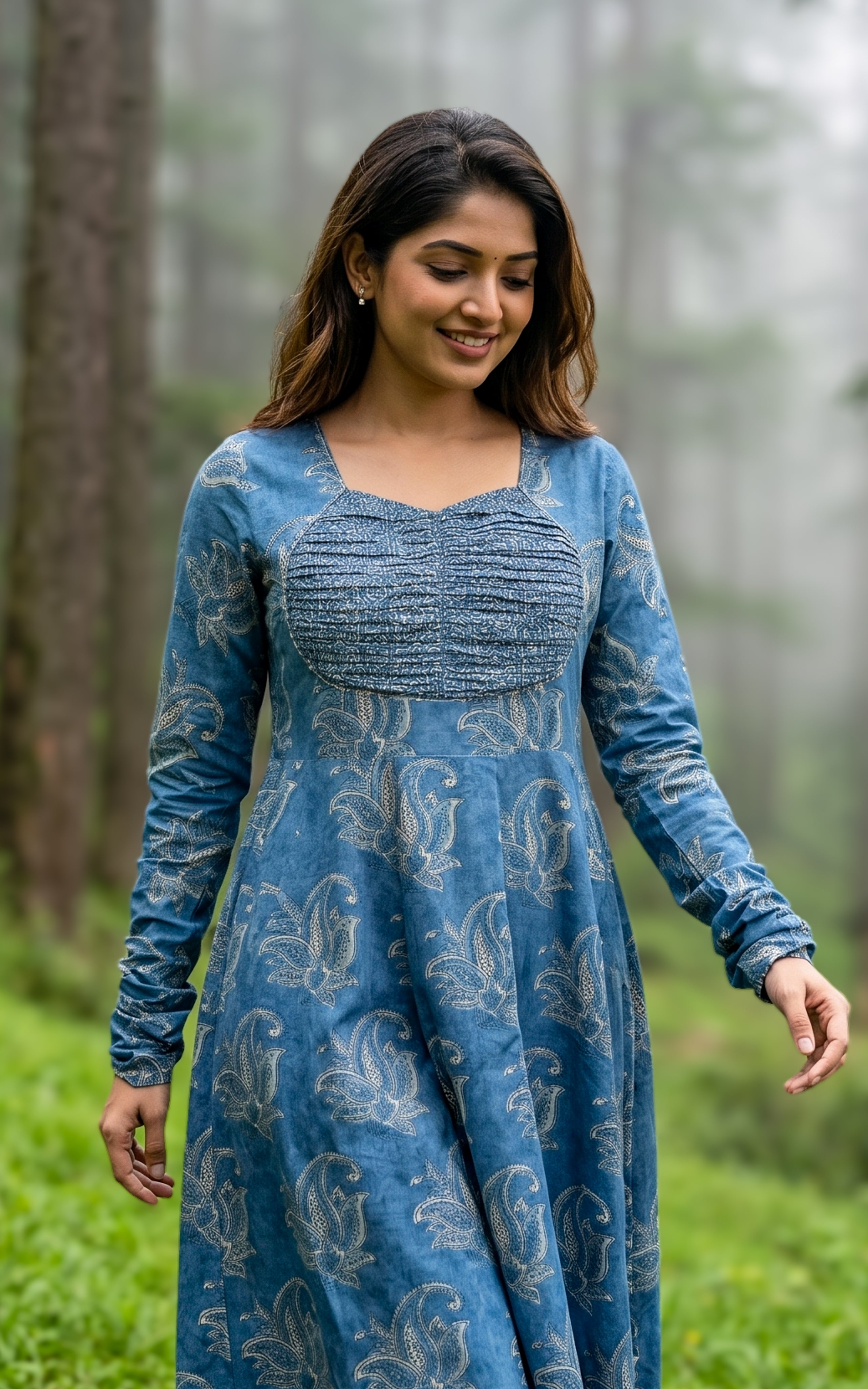 Dusty blue Anarkali kurti with pintuck yoke for women