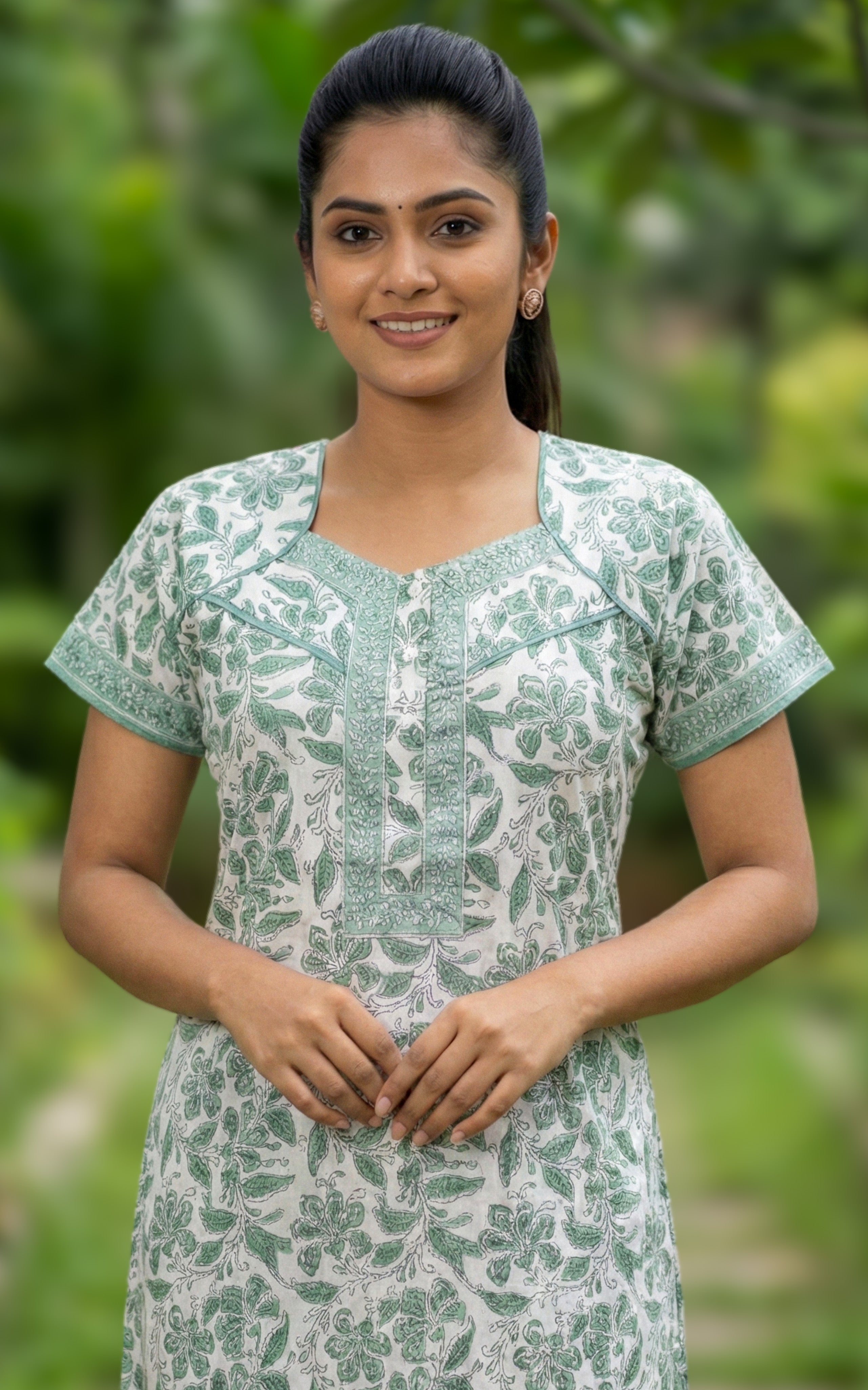 Instore – Green Cotton Long Nighty, Floral Print, Round Neck with Contrast Yoke Panel, A-line Fit, Women's Sleepwear