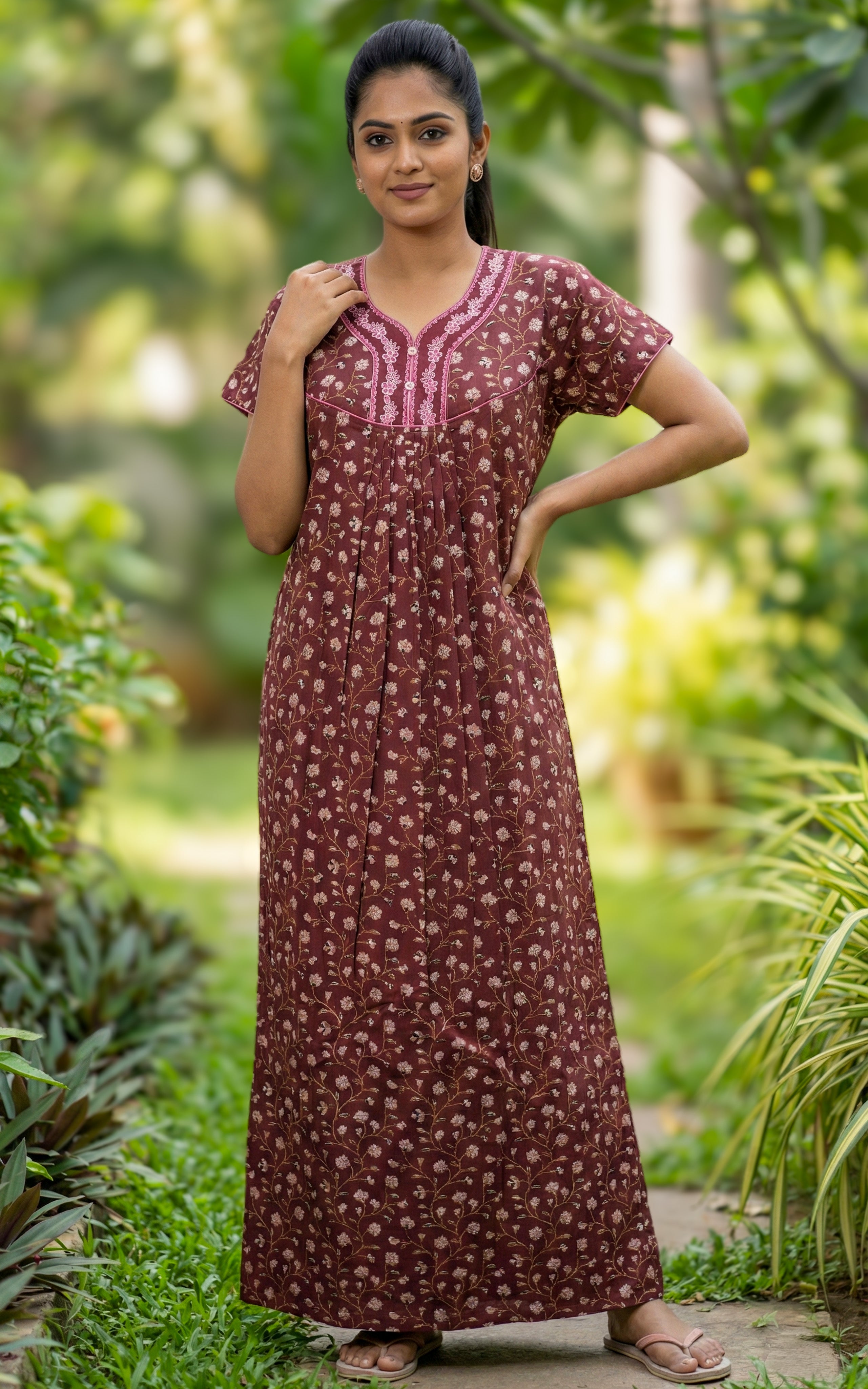 Instore – Rust Cotton Long Nighty, Floral Print, Round Neck with Contrast Yoke Panel, Relaxed Fit, Women's Sleepwear