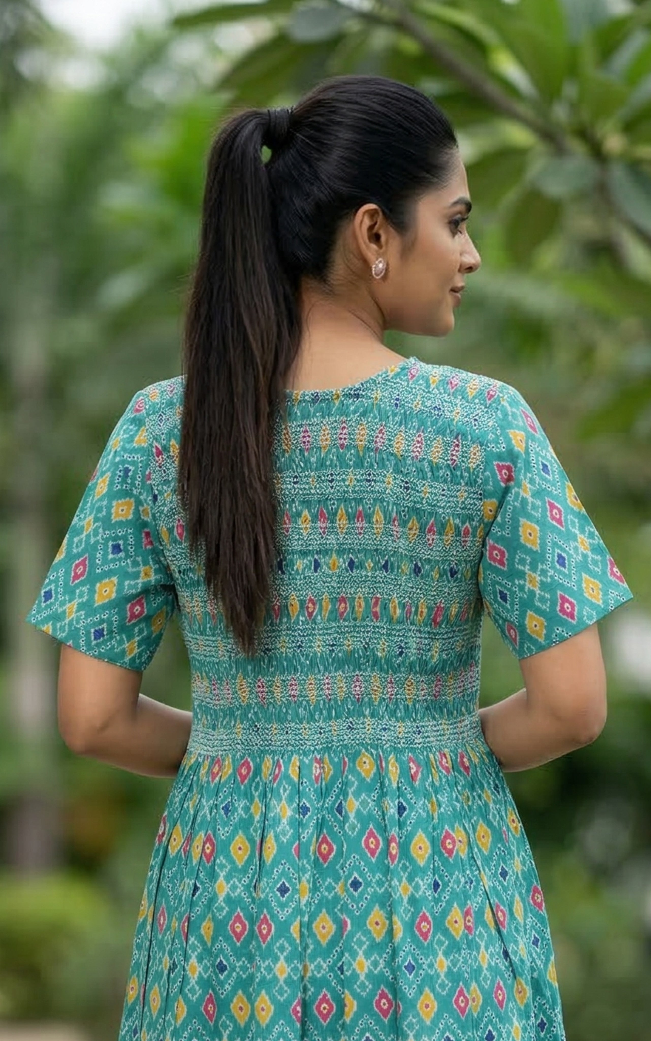 Instore – Aqua Green Cotton Long Nighty, Smocked Body with Printed Yoke Panel, Round Neck, Relaxed Fit, Women's Sleepwear