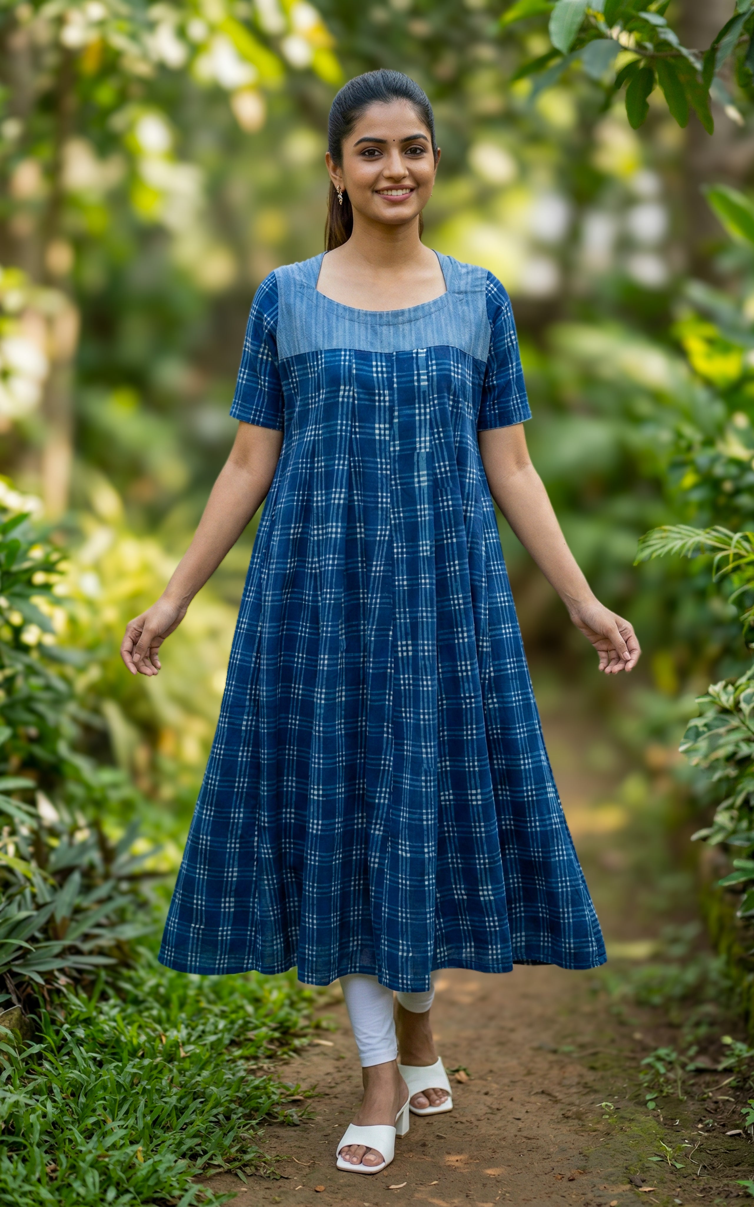 Indigo Dyed Cotton Flared Anarkali Kurti