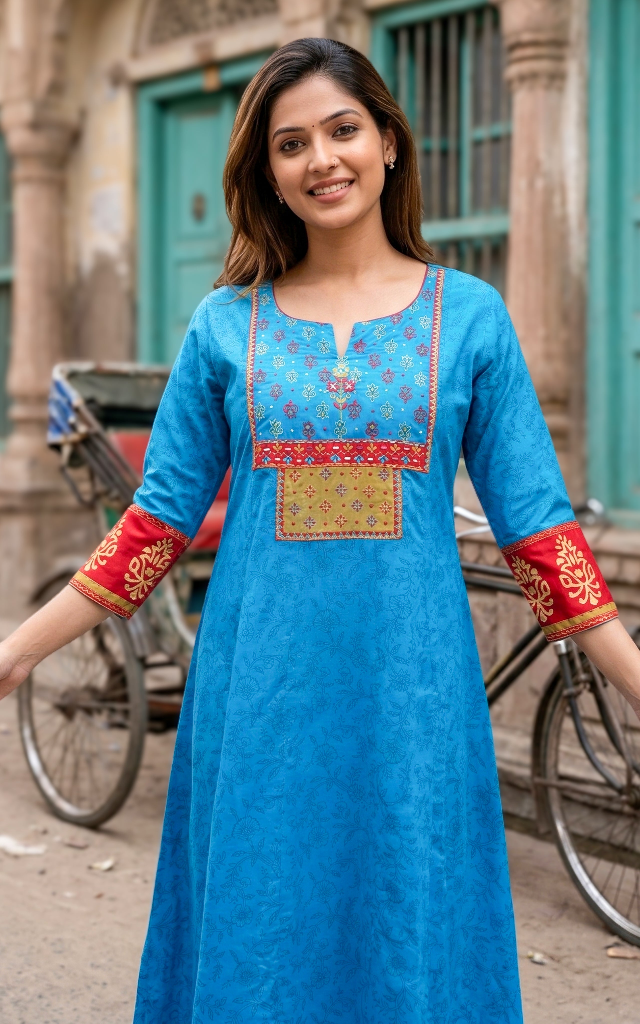 Instore - Blue Color Cotton  Handblock Aline Kurti Featuring Contrast Yoke Panel