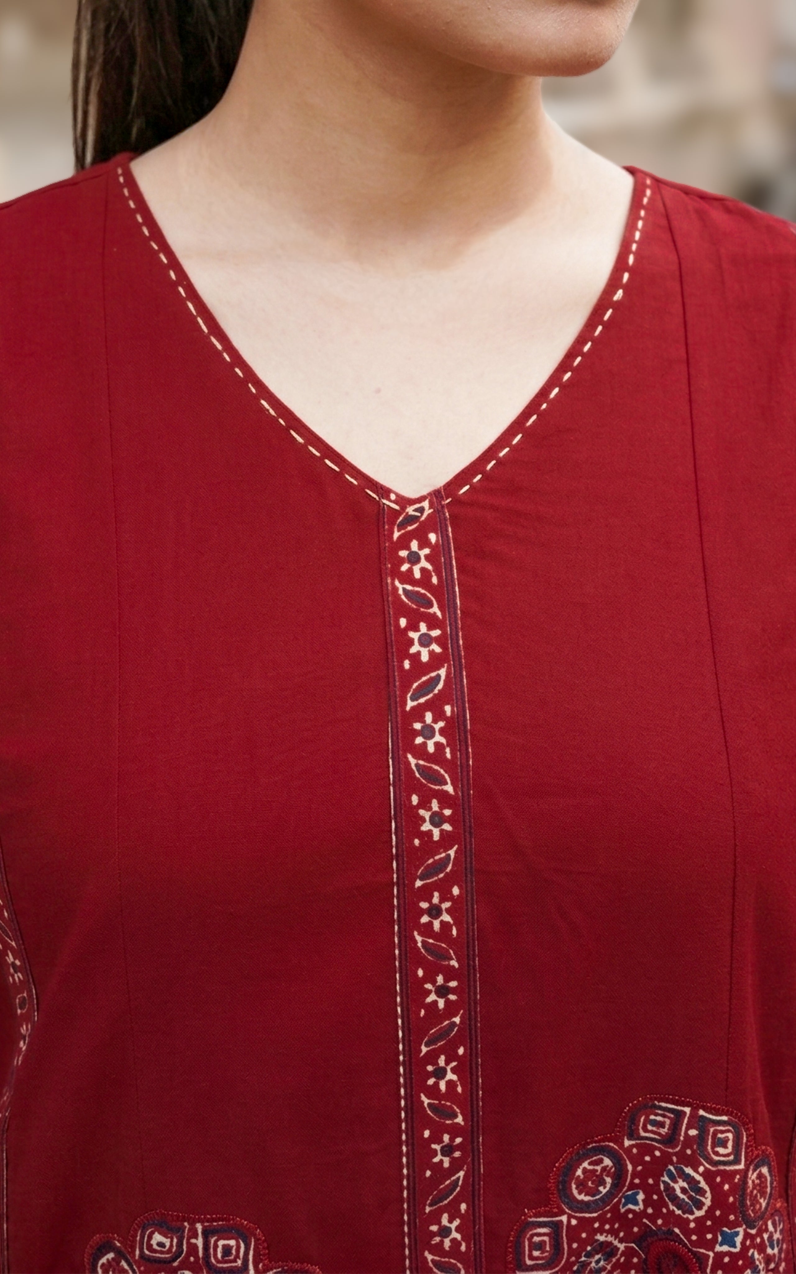 Dark maroon V neck Anarkali kurti for women